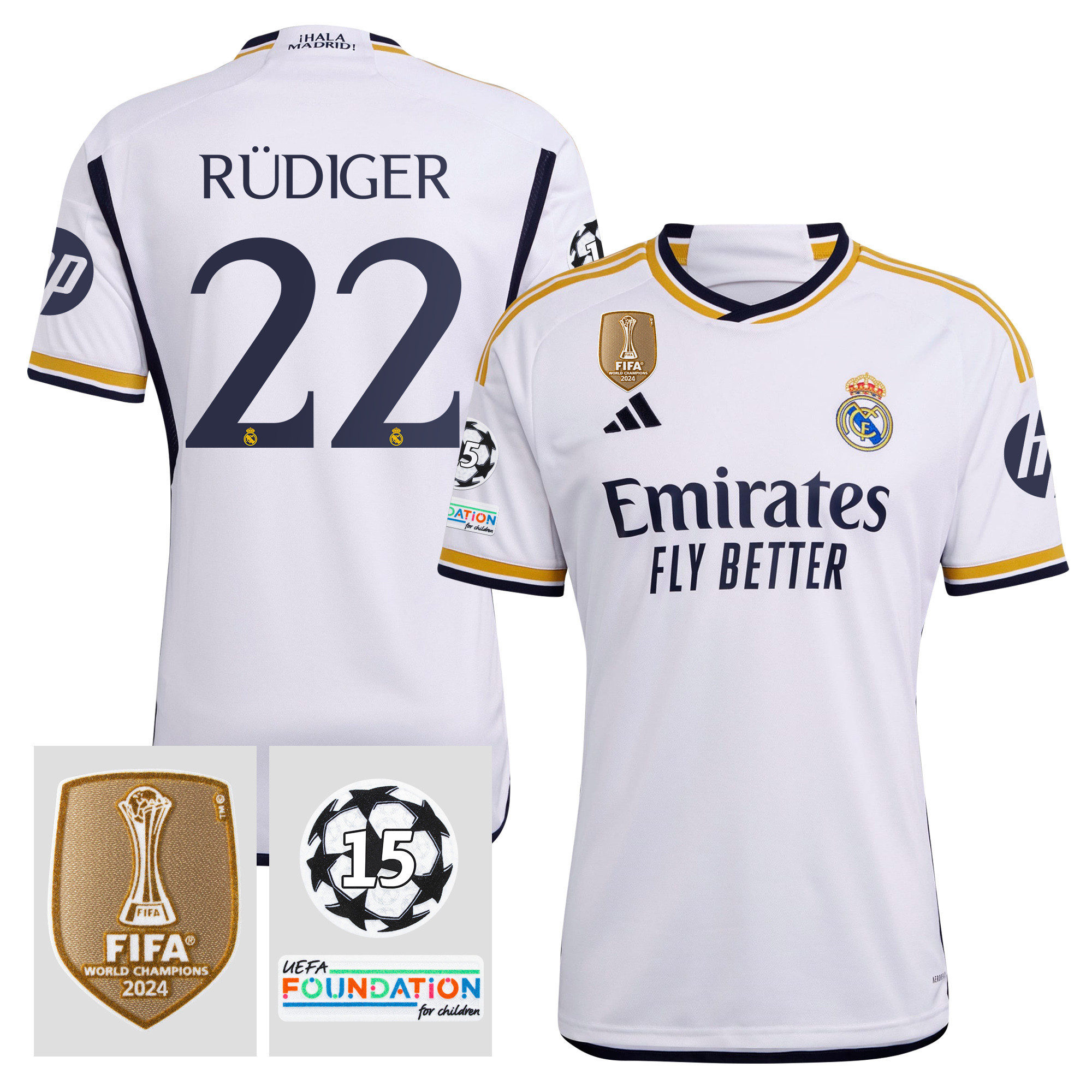 Antonio Rdiger 22 Starball 15 Times Champions Real Madrid 2023/24 UEFA Patch Home Jersey – Men