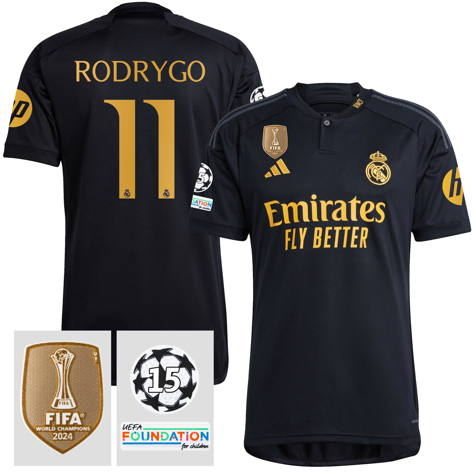 Rodrygo 11 Starball 15 Times Champions Real Madrid 2023/24 UEFA Patch Third Jersey – Men