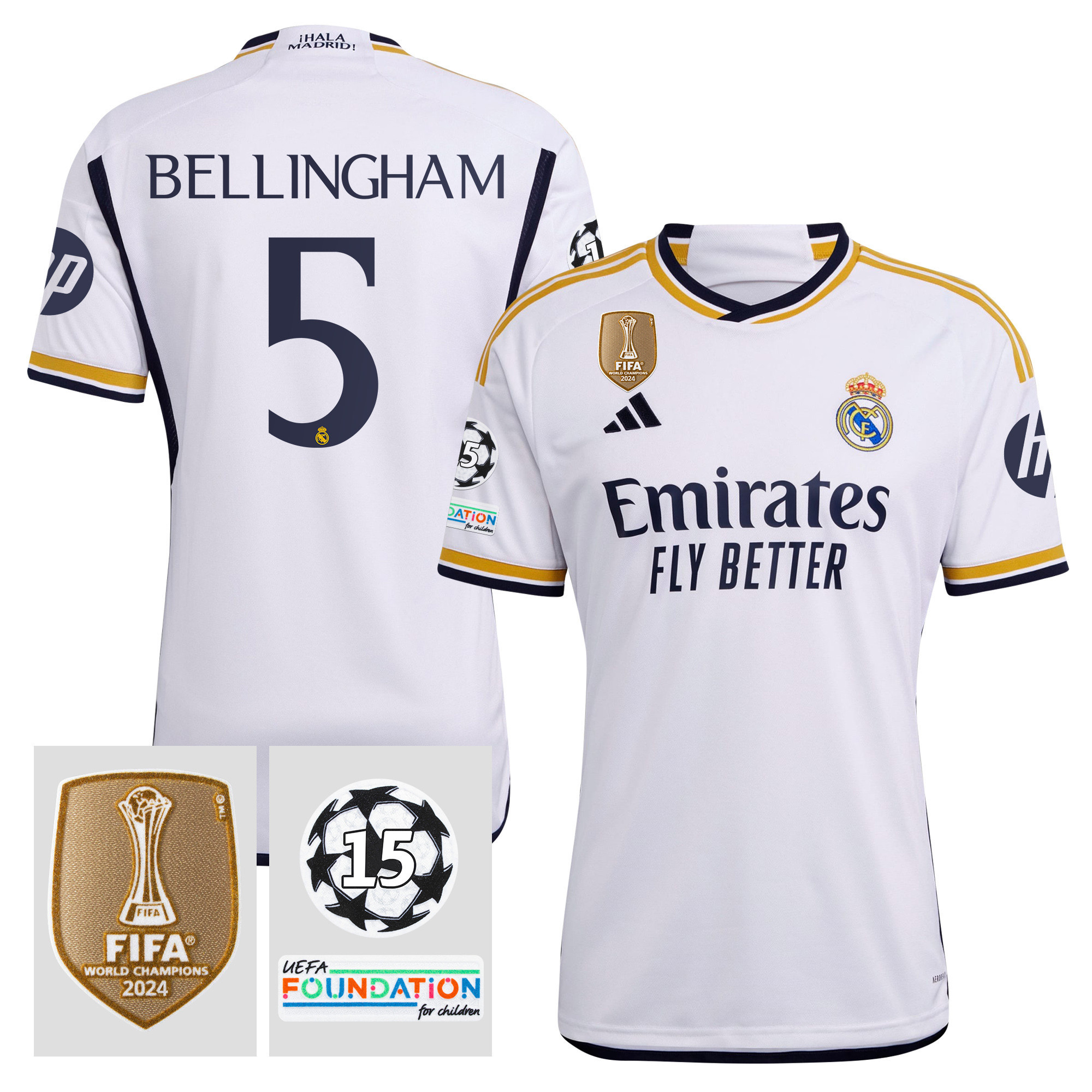 Jude Bellingham 5 Starball 15 Times Champions Real Madrid 2023/24 UEFA Patch Home Jersey – Men
