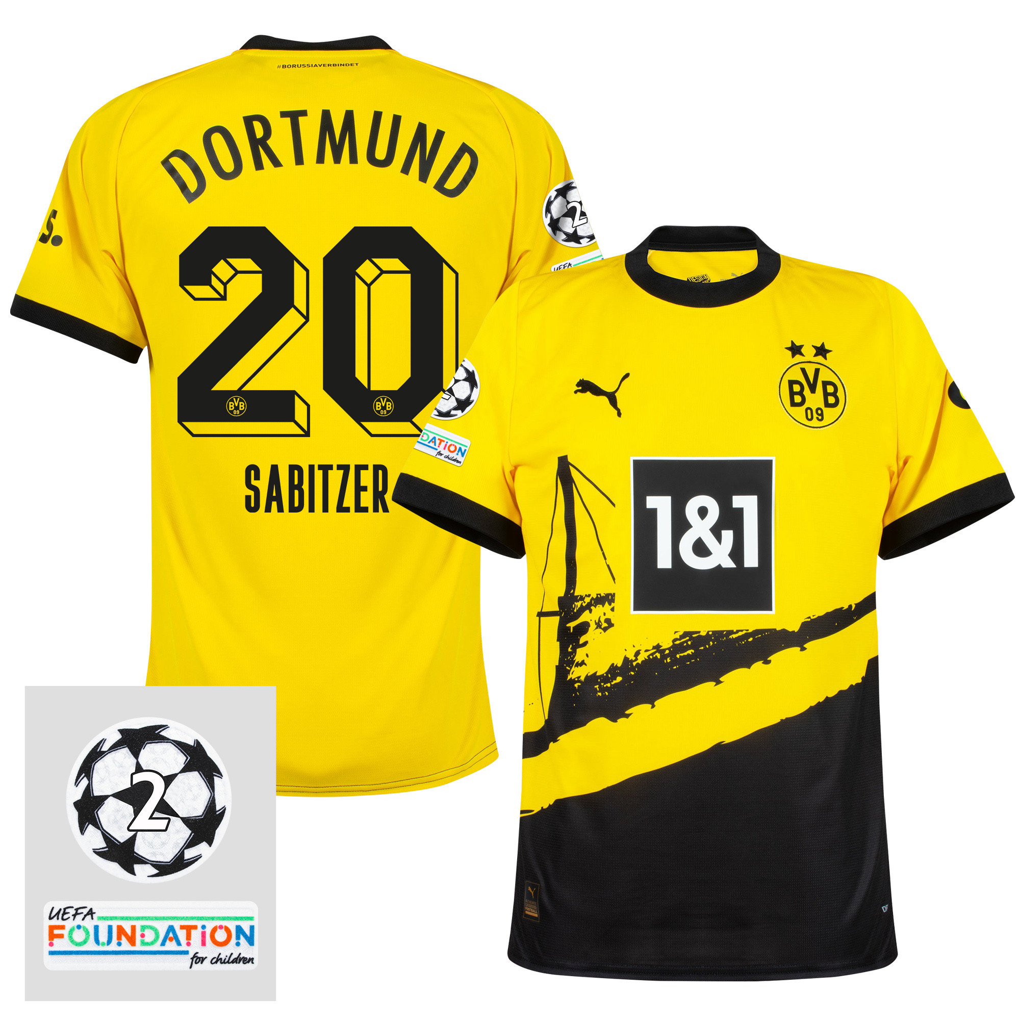 Marcel Sabitzer 20 Starball 2 Times Champions Borussia Dortmund 2023/24 UEFA Patch Home Jersey – Men