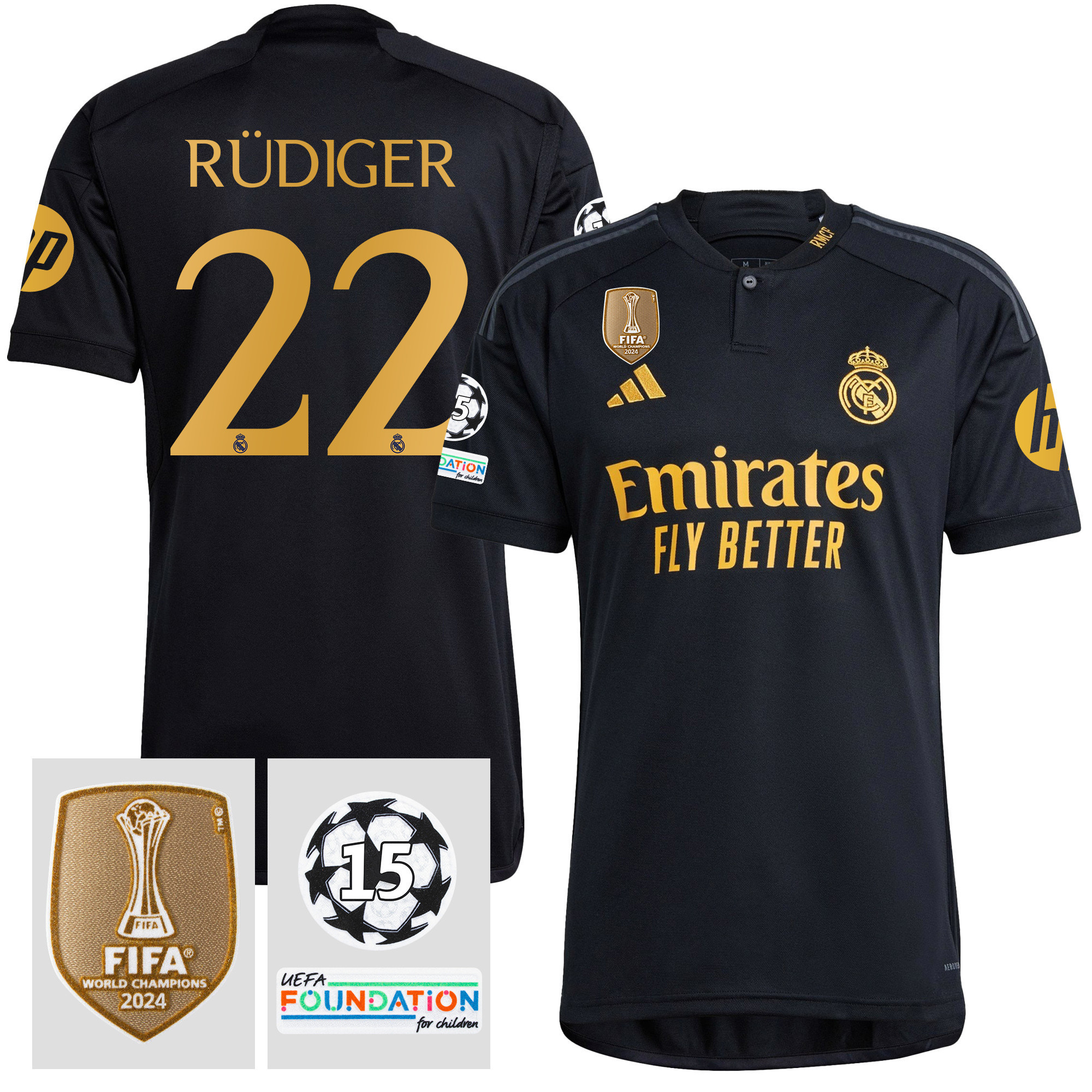 Antonio Rdiger 22 Starball 15 Times Champions Real Madrid 2023/24 UEFA Patch Third Jersey – Men