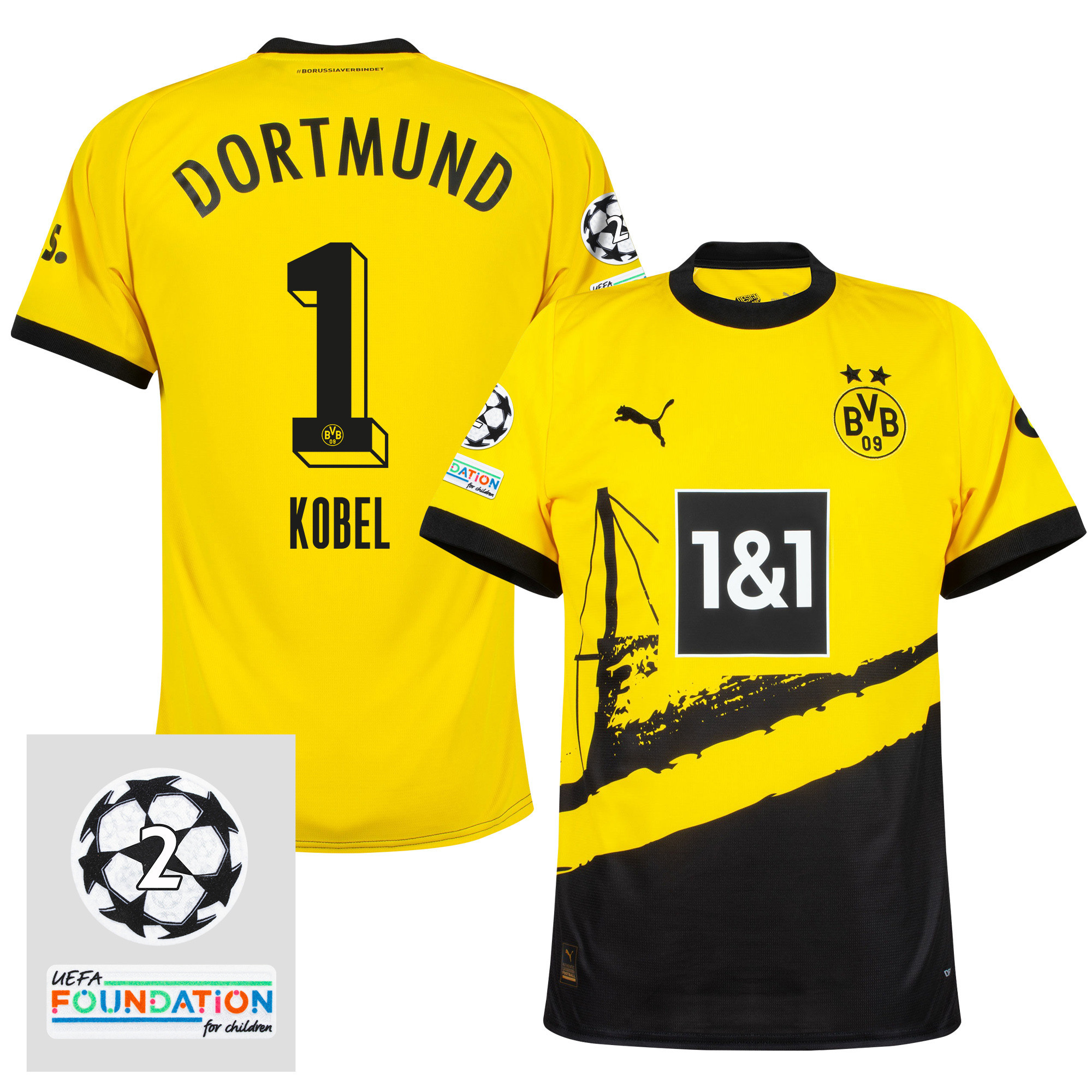 Gregor Kobel 1 Starball 2 Times Champions Borussia Dortmund 2023/24 UEFA Patch Home Jersey – Men