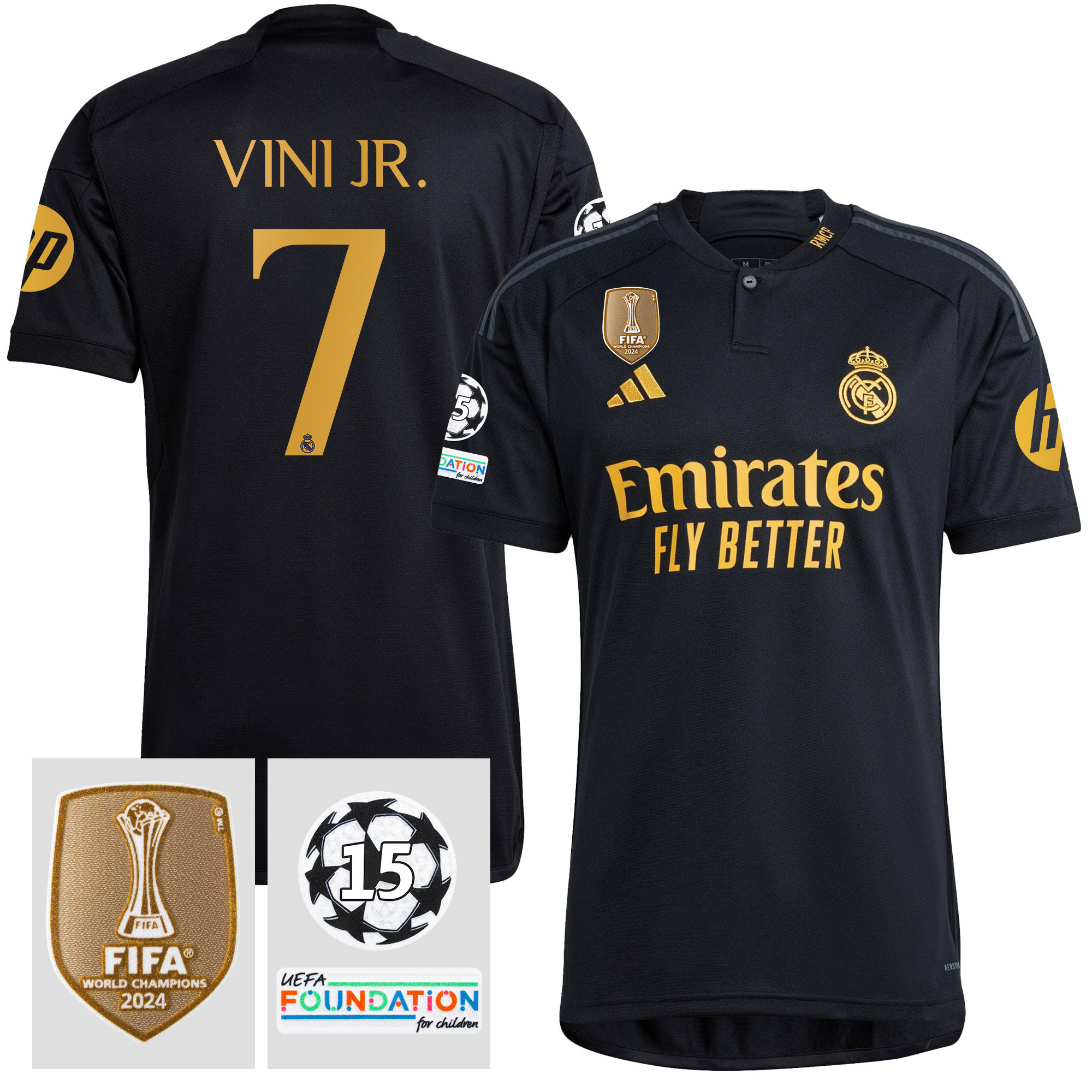 Vinicius Junior 7 Starball 15 Times Champions Real Madrid 2023/24 UEFA Patch Third Jersey – Men