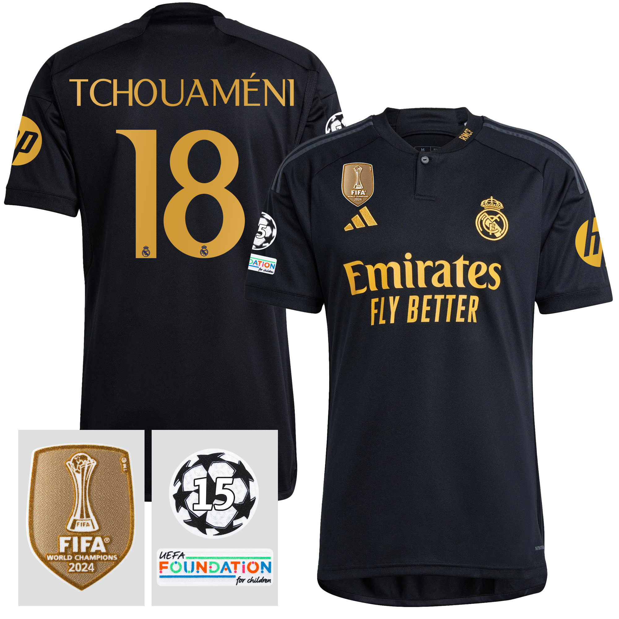 Aurlien Tchouamni 18 Starball 15 Times Champions Real Madrid 2023/24 UEFA Patch Third Jersey – Men