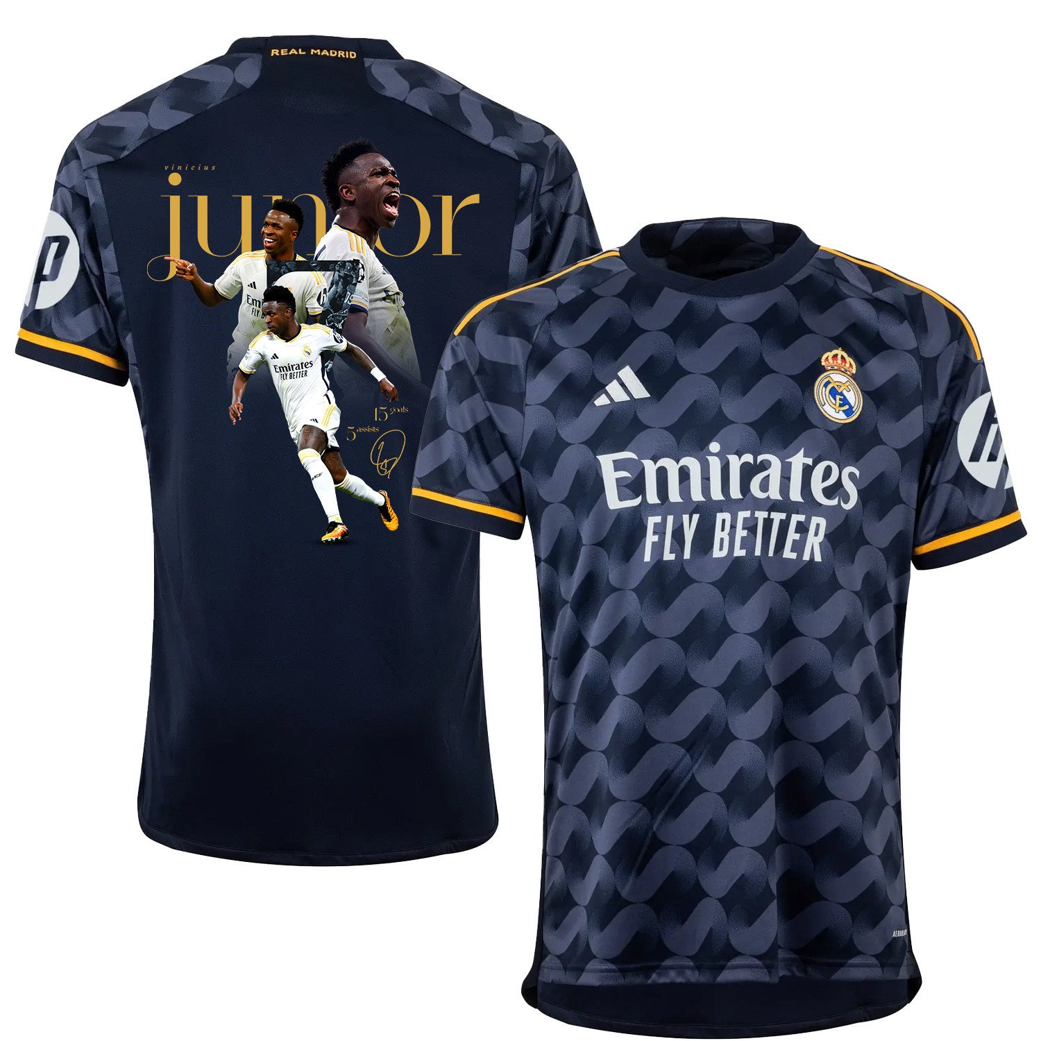 Vinicius Junior 7 Real Madrid Away Jersey Navy Blue Achievements 2023/24