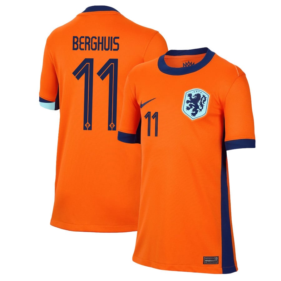 Steven Berghuis 11 Netherlands National Team 2024/25 Home YOUTH Jersey – Orange