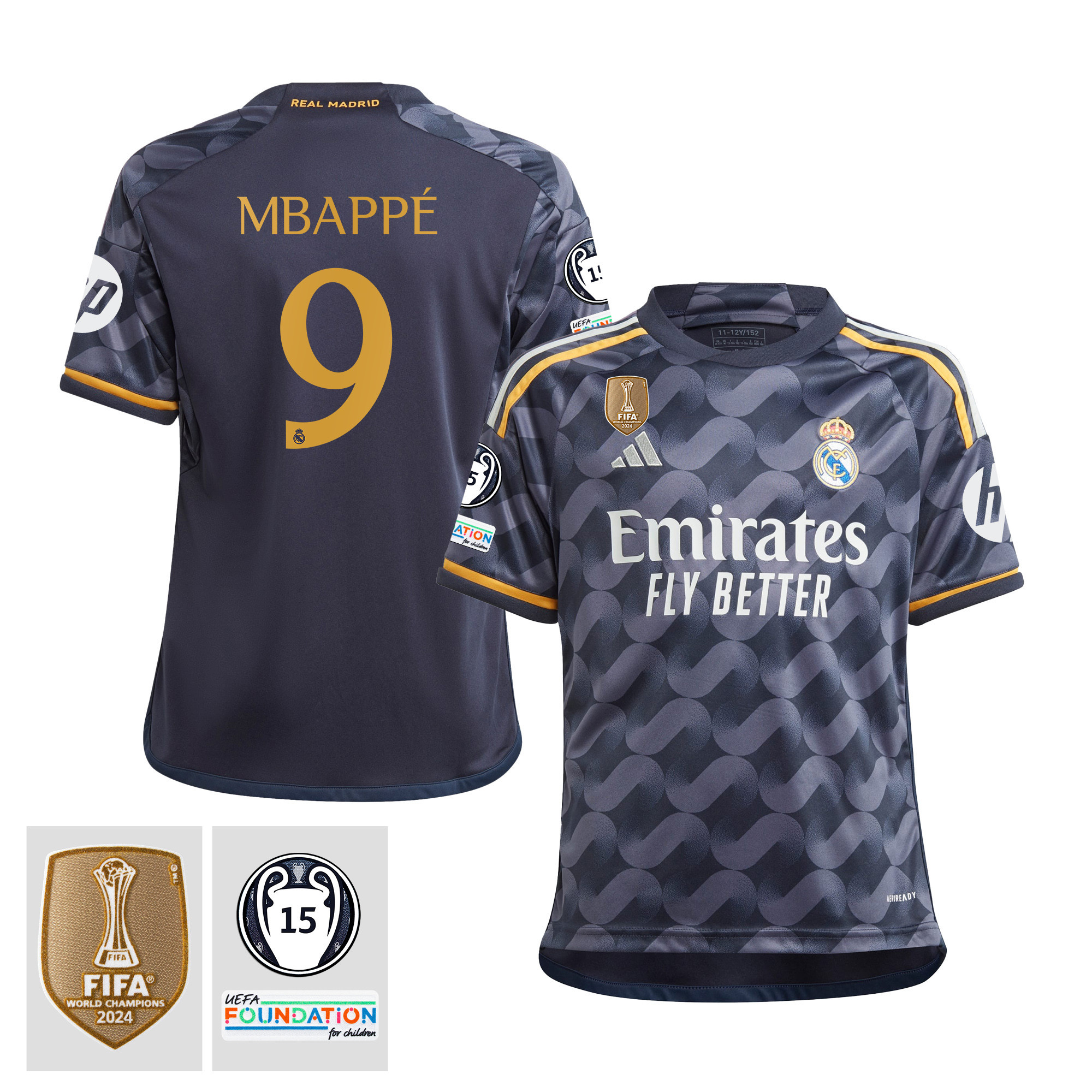 Kylian Mbapp 9 Real Madrid 2023/24 UEFA 15 Times Champions Patch YOUTH Away Jersey