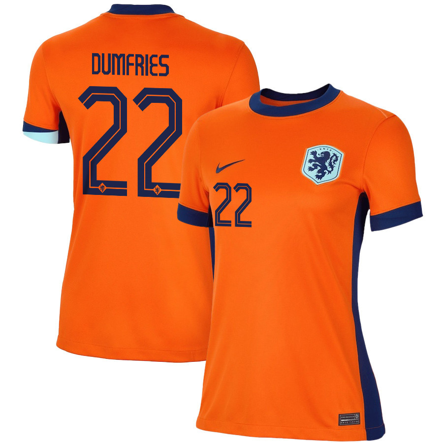 Denzel Dumfries 22 Netherlands National Team 2024/25 Home WOMEN Jersey – Orange