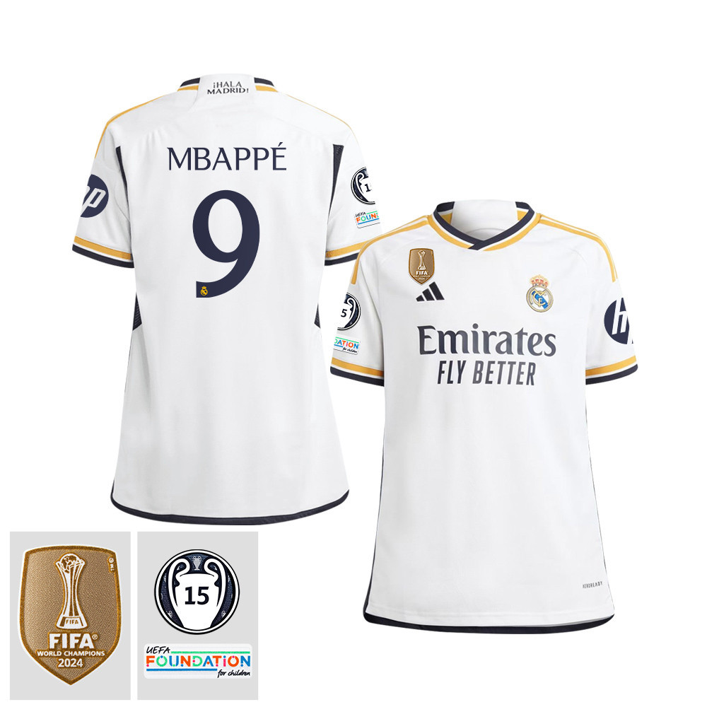 Kylian Mbapp 9 Real Madrid 2023/24 UEFA 15 Times Champions Patch YOUTH Home Jersey