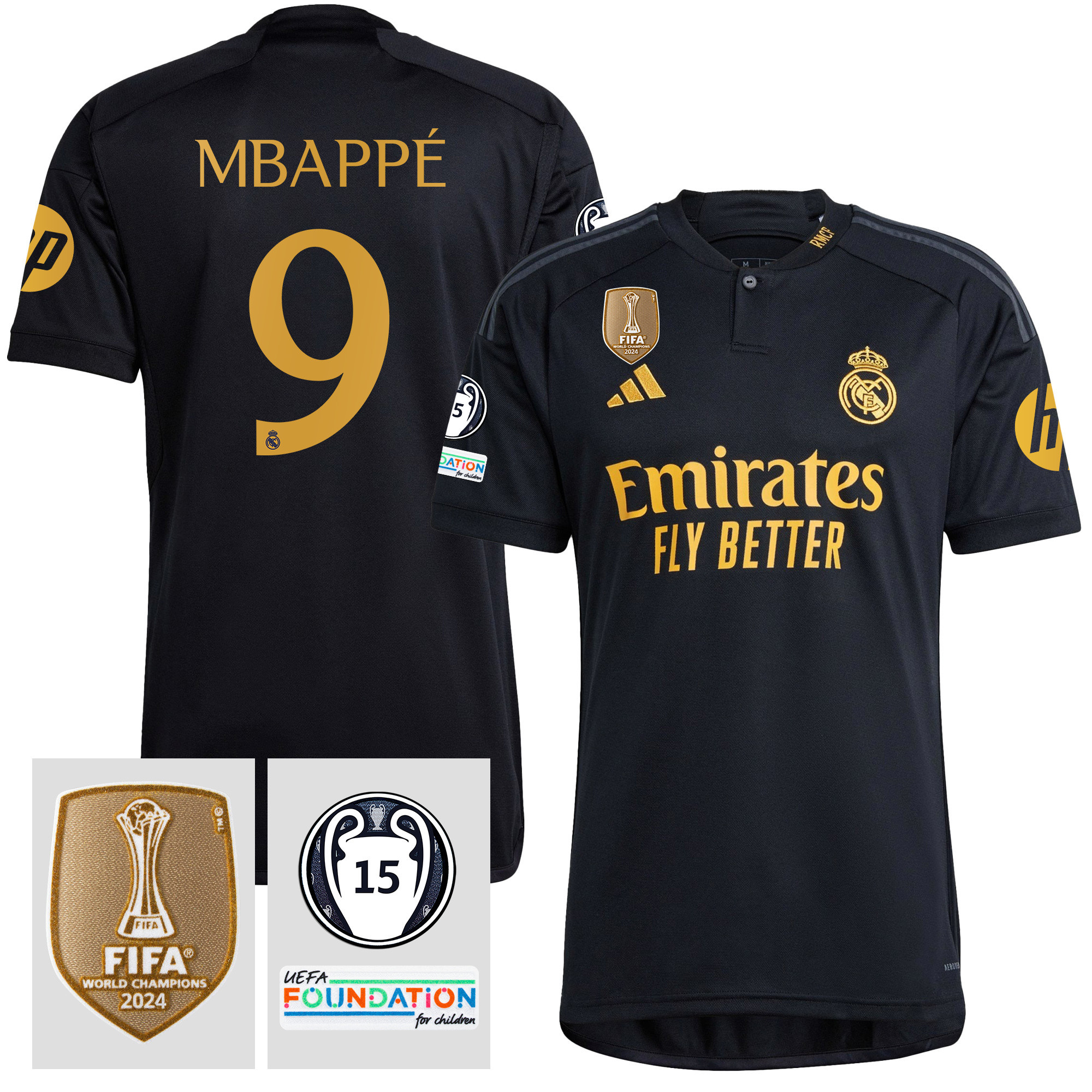 Kylian Mbapp 9 Real Madrid 2023/24 UEFA 15 Times Champions Patch Third Jersey – Men, Black