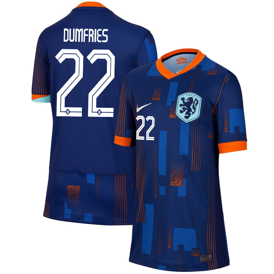 Denzel Dumfries 22 Netherlands National Team 2024/25 Away YOUTH Jersey – Navy