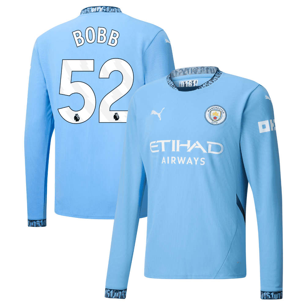 Oscar Bobb 52 Manchester City 2024/25 Home Long Sleeve Men Jersey – Light Blue