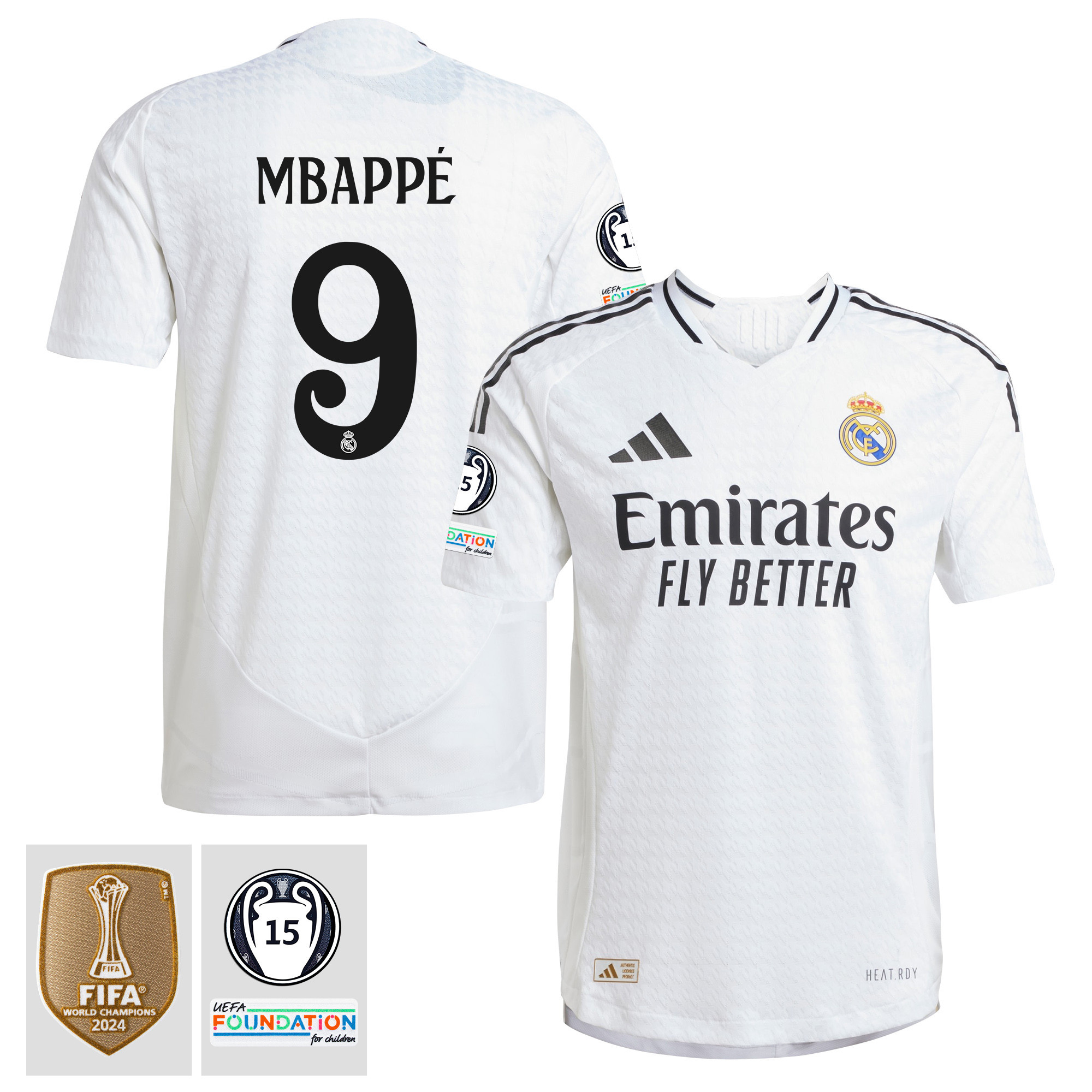 Kylian Mbapp 9 Real Madrid 2024/25 UEFA 15 Times Champions Patch Home Jersey – Men, White