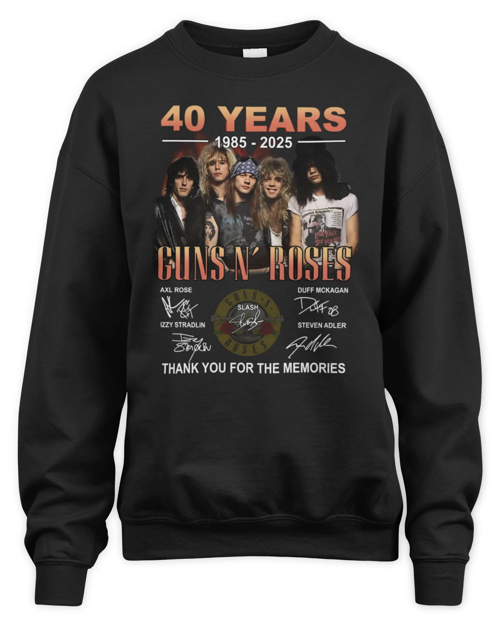 Sweatshirt 40 Years 1985-2025 Guns N Roses Thank You For The Memories Signature, Premium Sweaer
