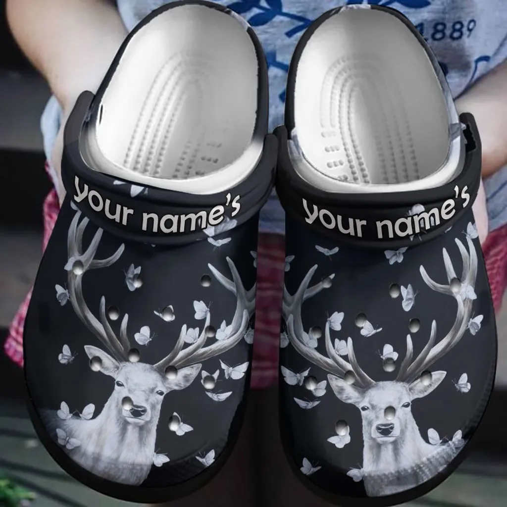White Deer And Butterfly Crocs Shoes Comfortable For Men Women