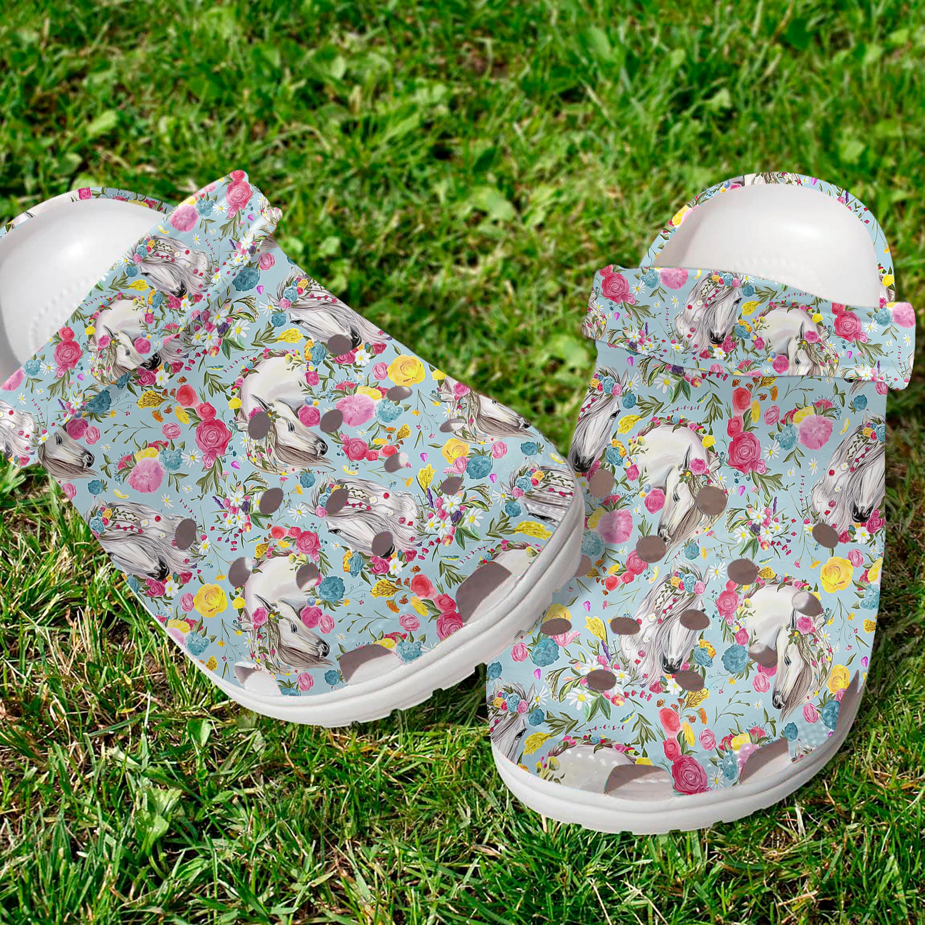 White Horse Floral Crocs For Men Women And Kids