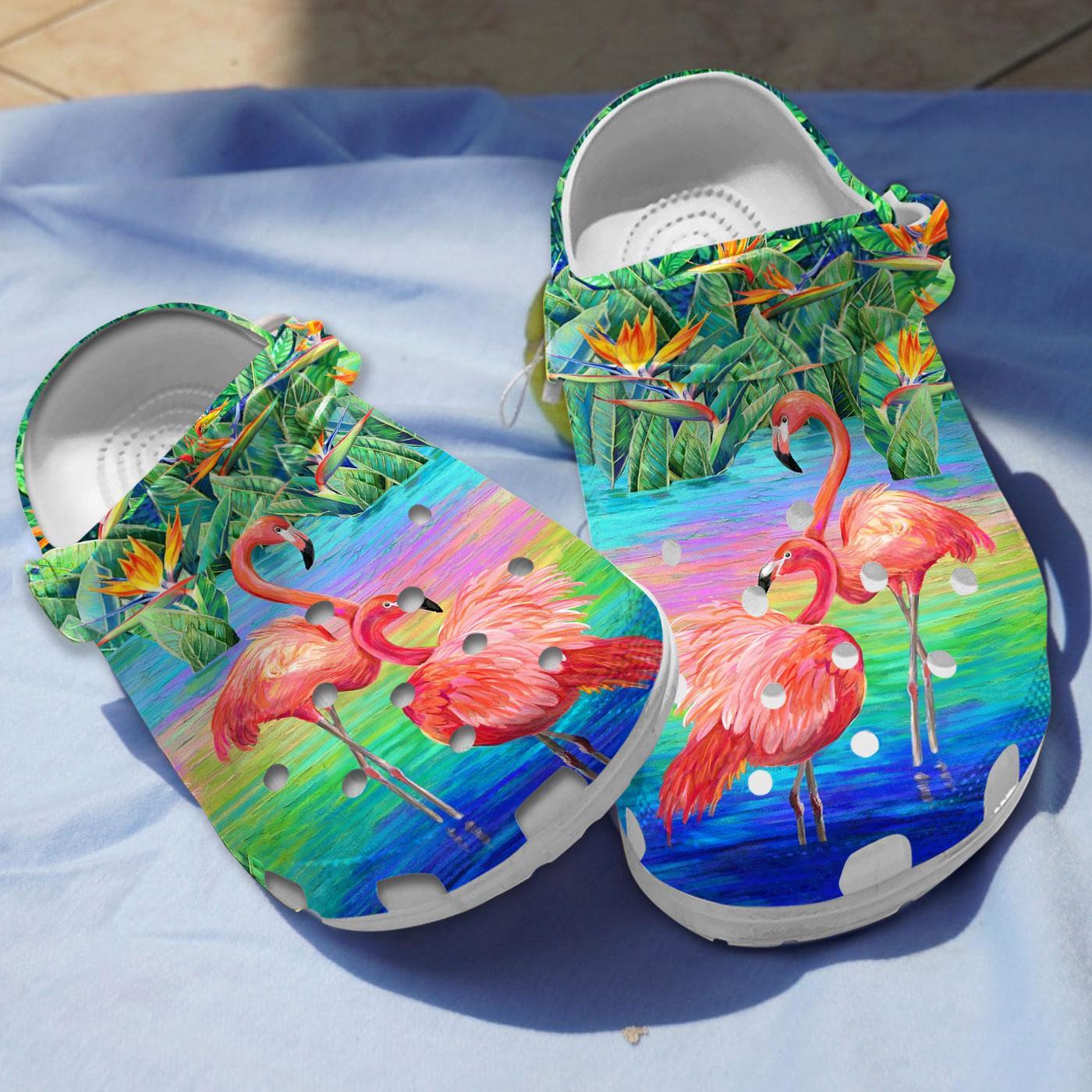 Beautiful Flamingo With Bird Of Paradise Flowers Crocs