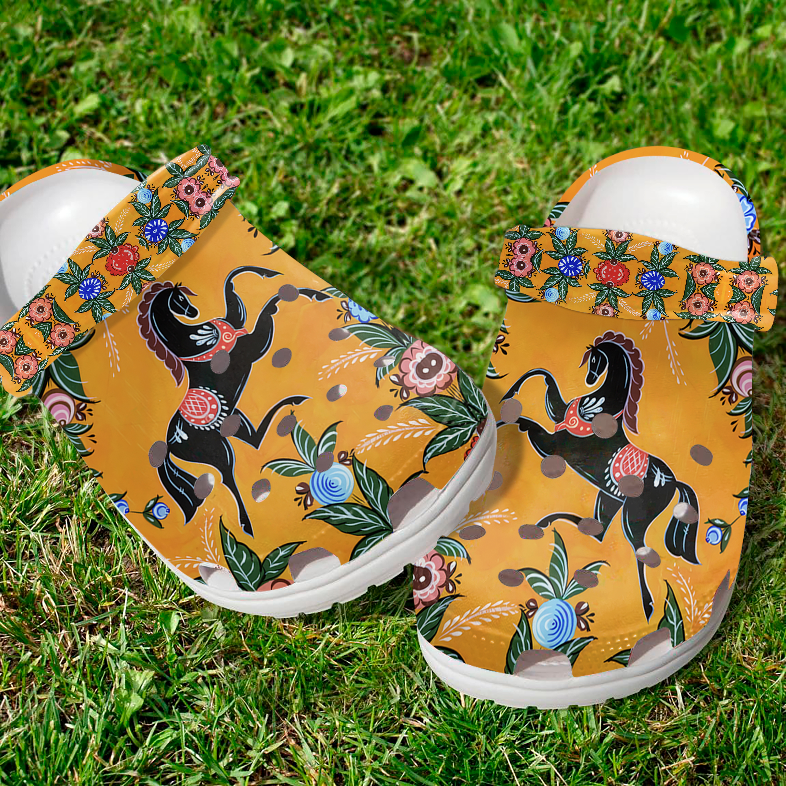 Black Horse with Flower Crocs For Men Women And Kids