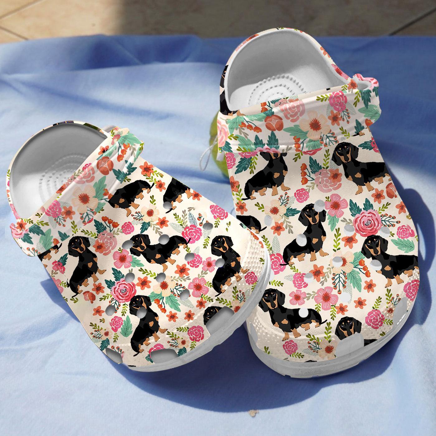 Black Dachshund Floral Crocs For Men Women And Kids