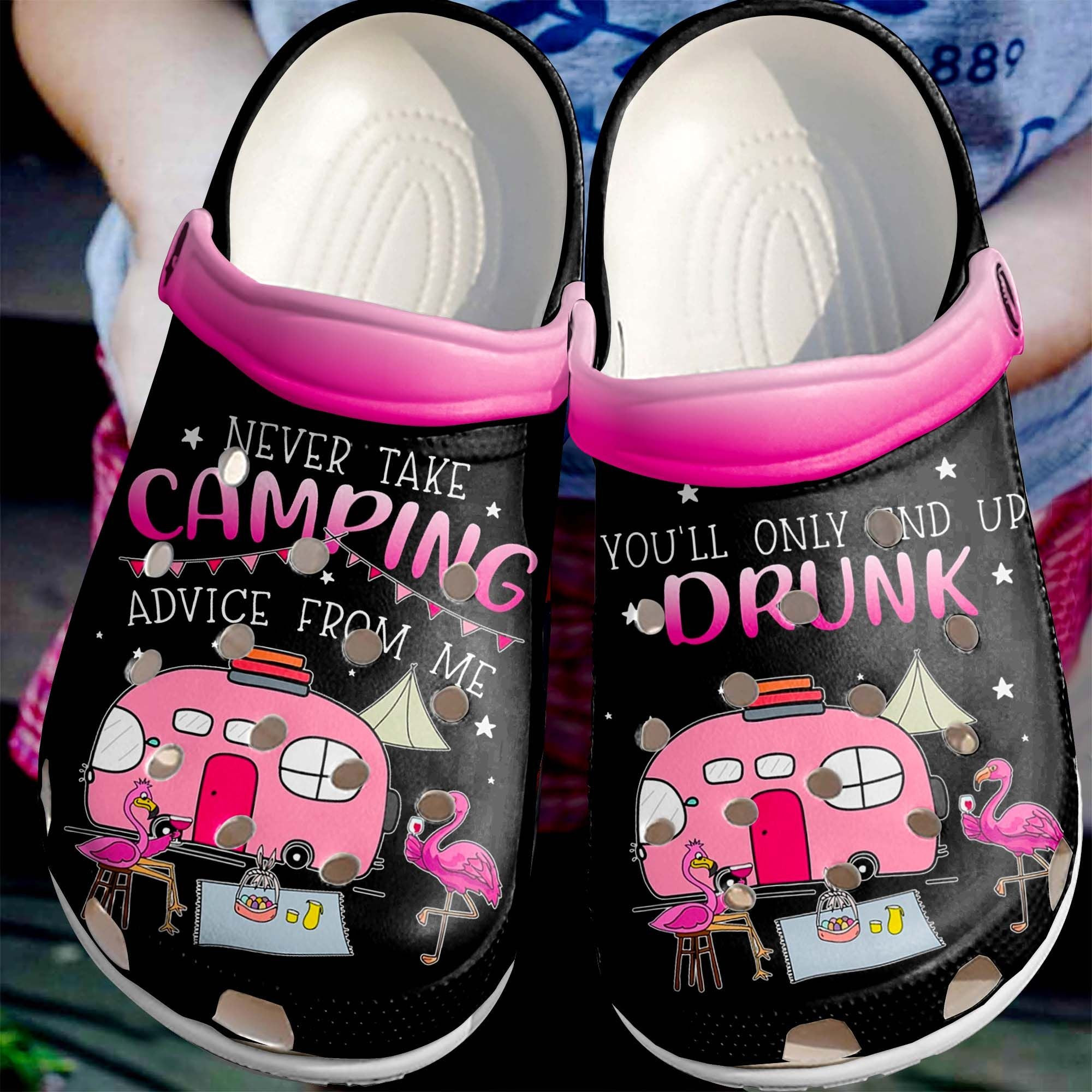 Camping Drunk With Flamingo Crocs Shoes Never Take Camping Advice From Me Custom Shoe