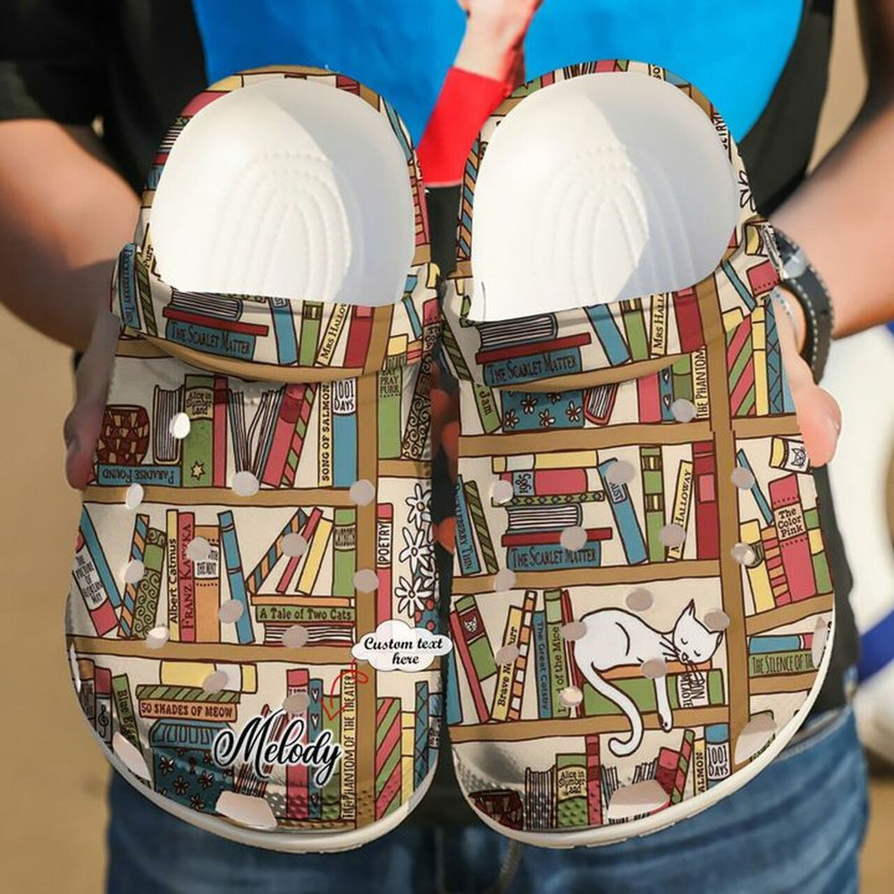 Reading Personalized Cat And Books 102 Gift For Lover Rubber Crocs Shoes Comfy Footwear
