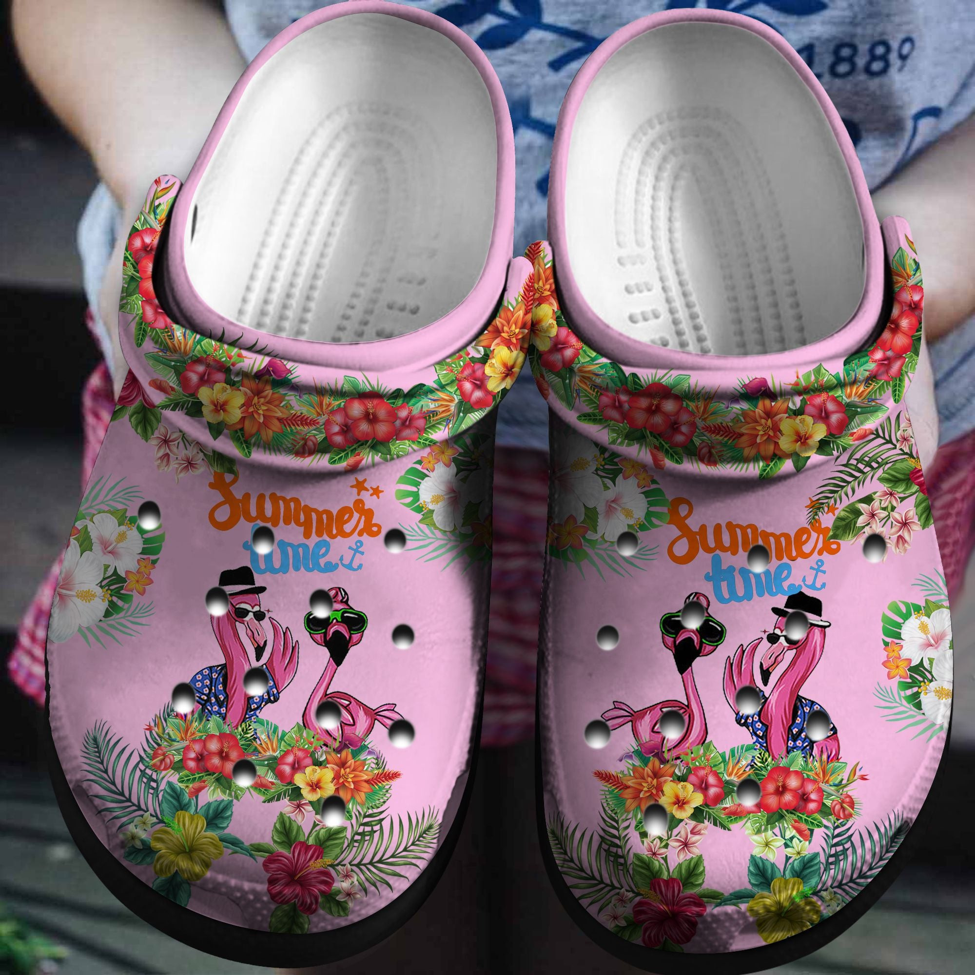 Summer Time With Flamingo Custom Crocs Shoes Flower Garden Outdoor Shoes