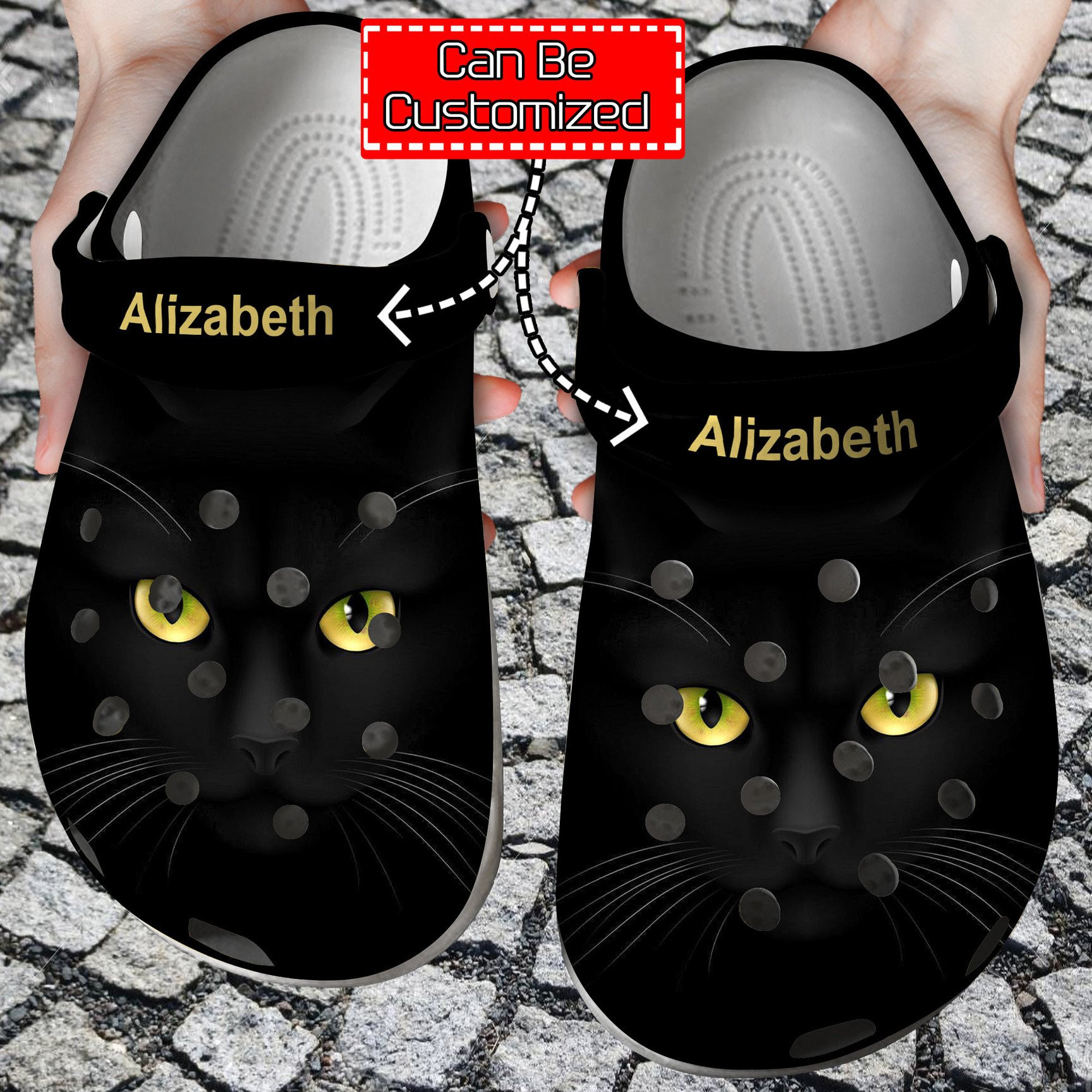 Black Cat Face Print Personalized Crocs Shoes With Your Name Cat