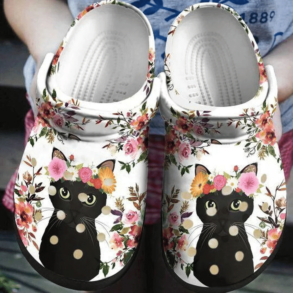 Black Cat Flower Personalized 6 Gift For Lover Rubber Crocs Shoes Comfy Footwear