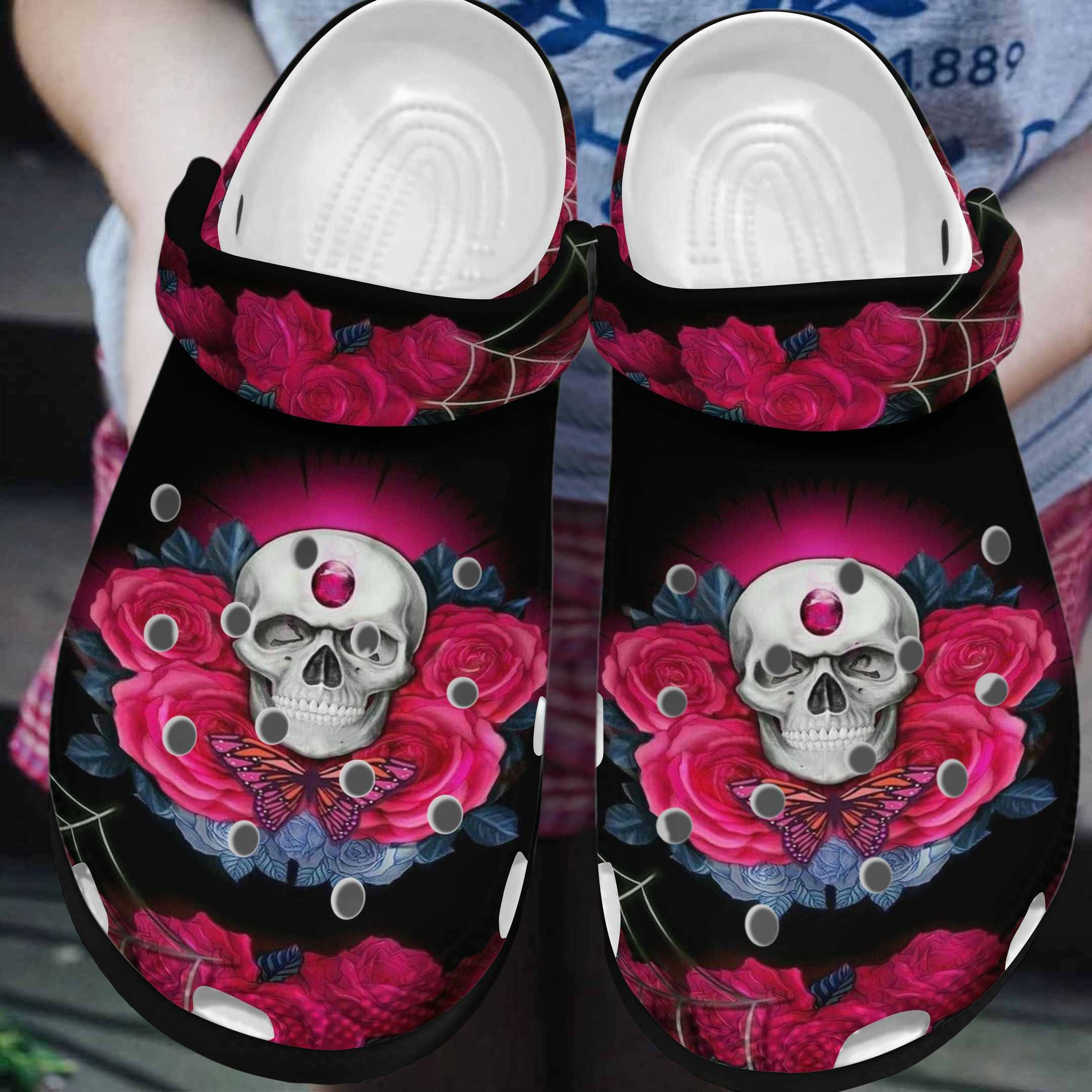Roses Skullcap Butterfly Cool Shoes Crocbland Crocs Birthday Gifts For Women Daughter Mother