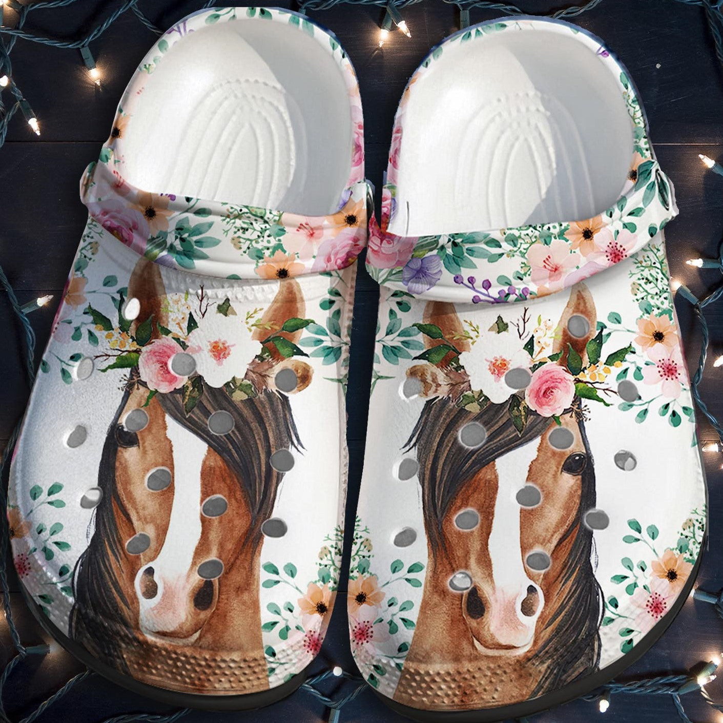 Horses Flower Custom Crocs Shoes Funny Gifts For Horse Girl Girl Love Horses Beach Crocs Shoes Christmas Women Daughter Mom