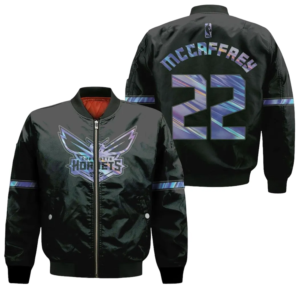 Charlotte Hornets Christian Mccaffrey 22 Nba Great Player Ball Iridescent Holographic Black Jersey Style Gift For Hornets Fans Bomber Jacket For Men Women