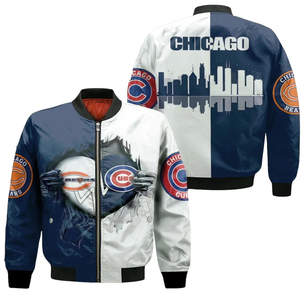 Chicago Bears Chicago Cubs Heartbeat Love Ripped 3D Jersey Bomber Jacket For Men Women