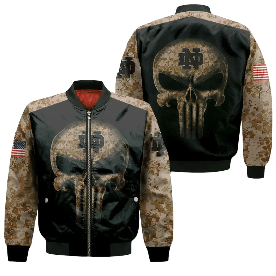 Camouflage Skull Notre Dame Fighting Irish American Flag 3D Jersey Bomber Jacket For Men Women
