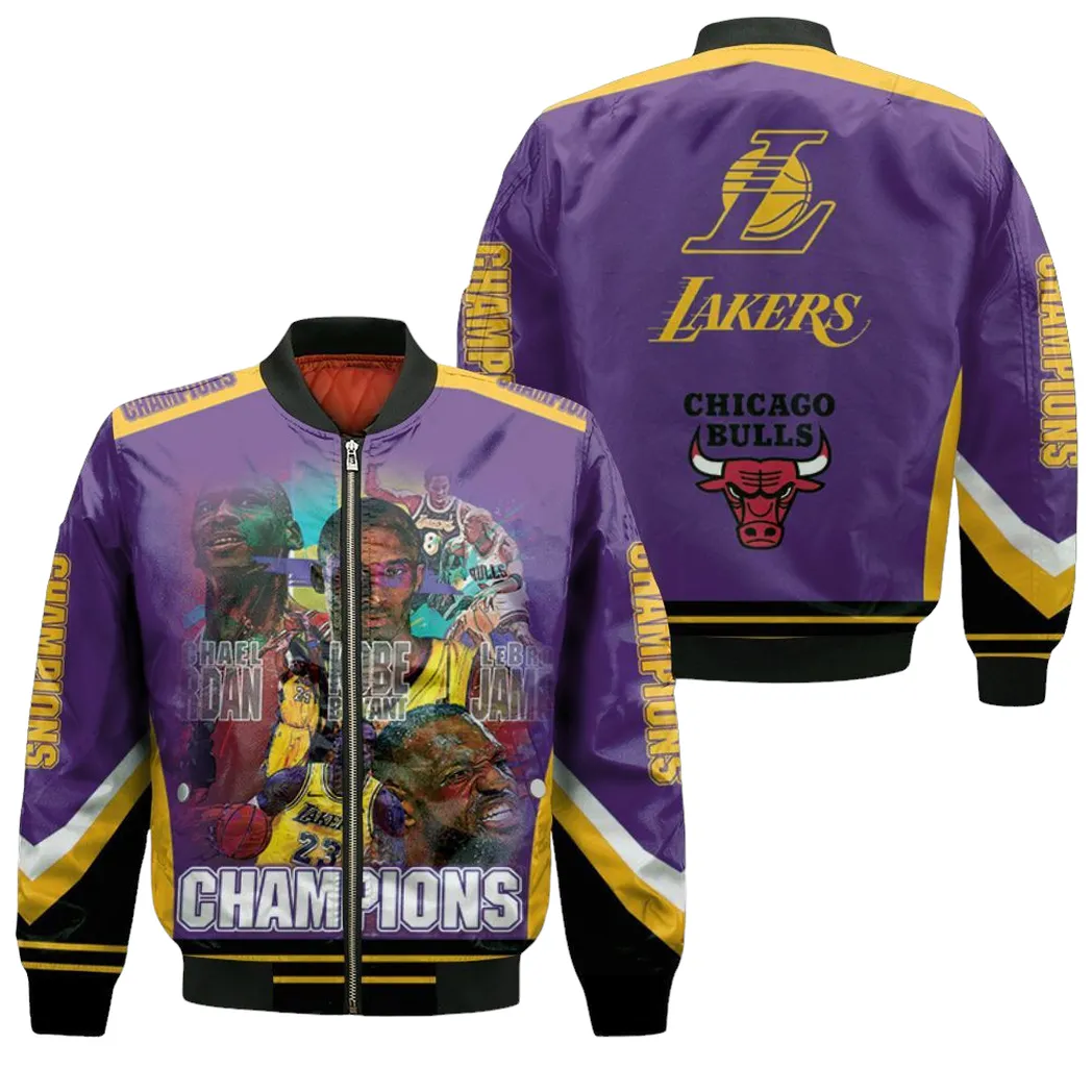 Kobe Bryant Michael J Lebron James Los Angeles Lakers Chicago Bulls Champions 3D Printed Bomber Jacket For Men Women