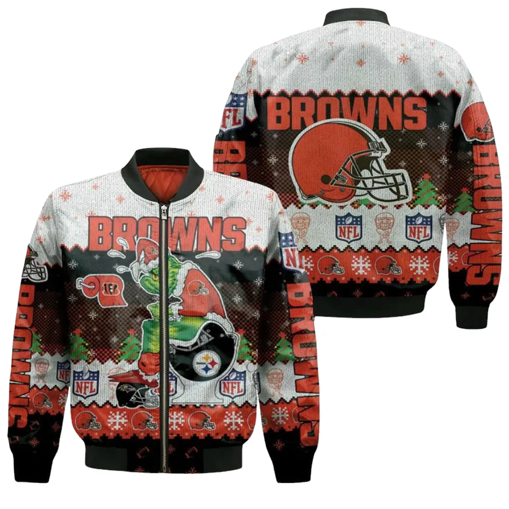 Christmas Cleveland Browns Grinch In Toilet Christmas Knitting Patt Jersey Bomber Jacket For Men Women