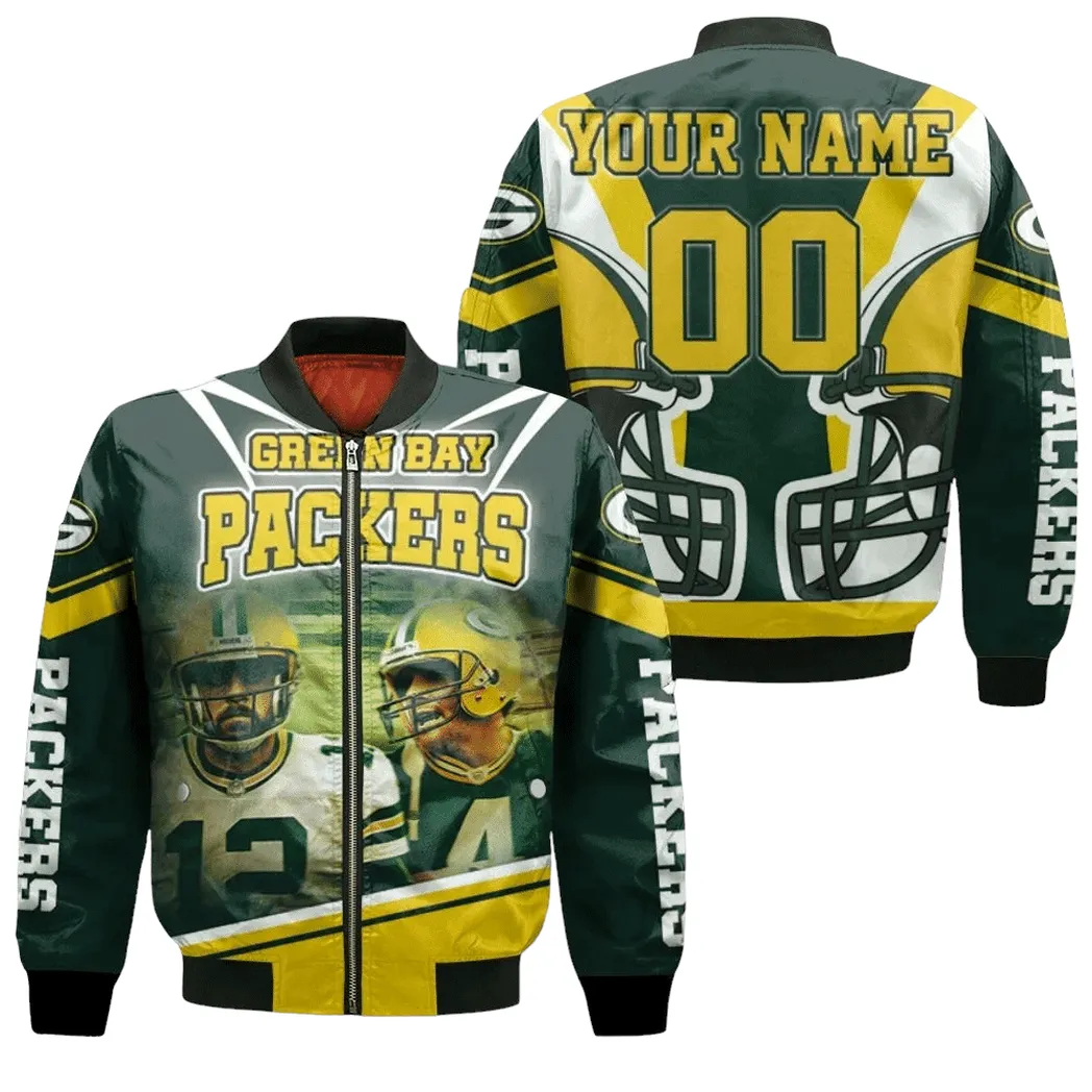 Green Bay Packers Aaron Rodgers 12 And Brett Favre 4 For Fans Personalized Bomber Jacket For Men Women