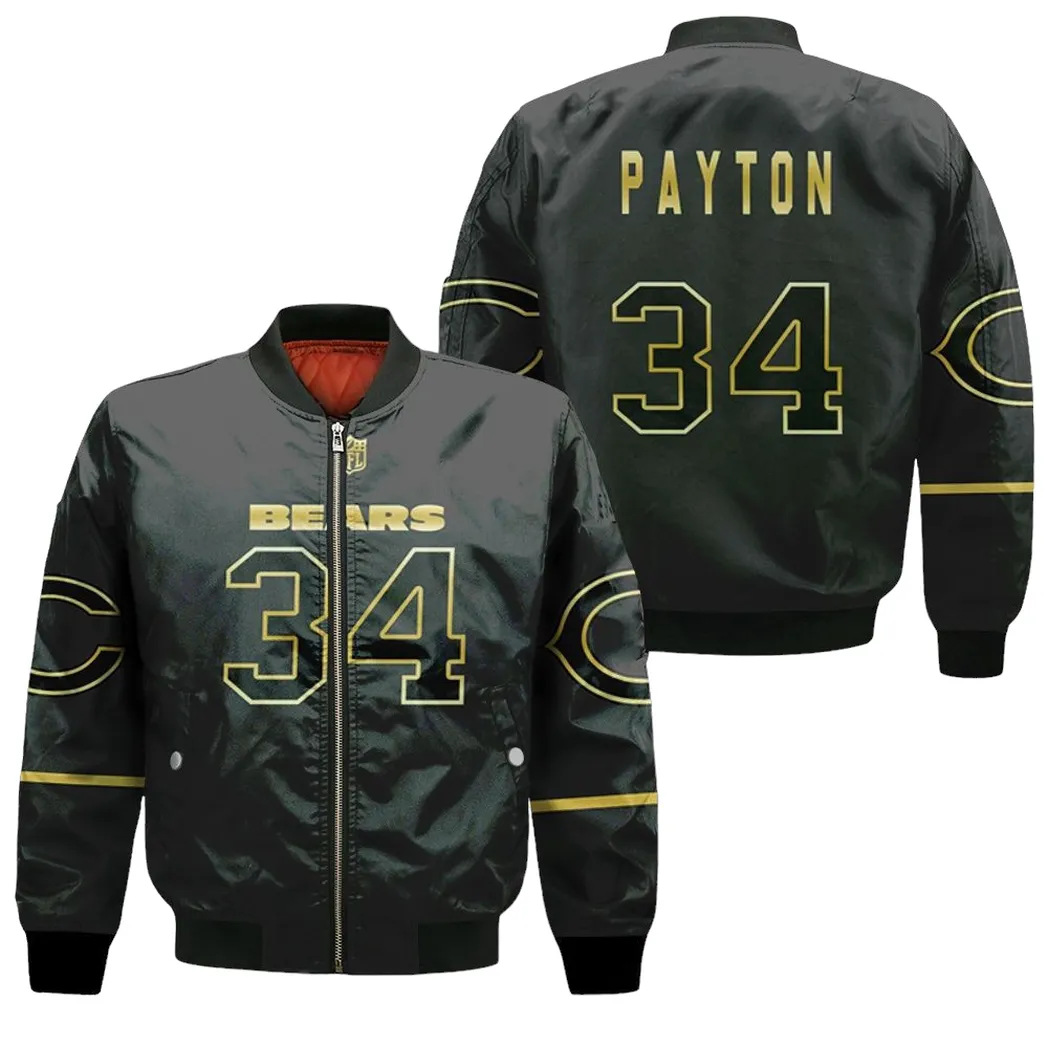 Chicago Bears Walter Payton 34 Great Player Nfl Black Golden Edition Vapor Limited Jersey Style Custom Gift For Bears Fans Bomber Jacket For Men Women
