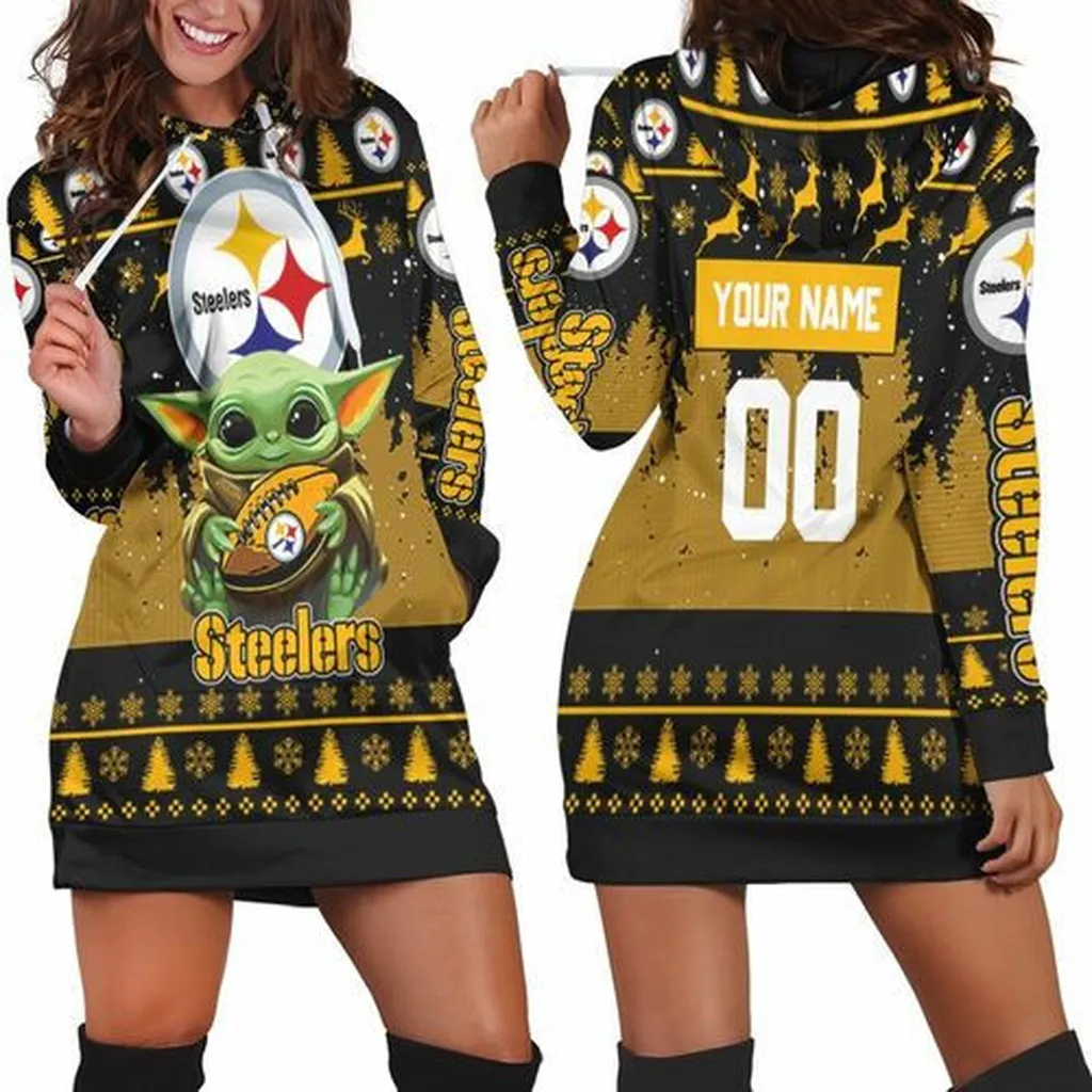 Baby Yoda Hugs Pittsburgh Steelers Football 2020 Personalized 1 Hoodie Dress, Sweater Dress, Sweatshirt Dress