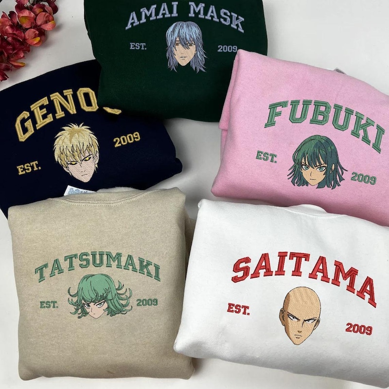 Anime Embroidered Sweatshirt  One Punch Man Characters | Saitama, Genos, Tatsumaki, Fubuki