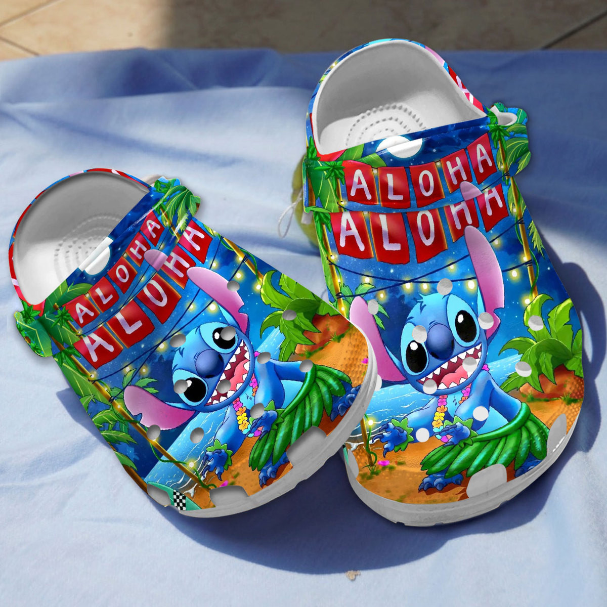 Beautiful Aloha Night Funny Stitch Cartoon Clogs Crocs Comfortable For Men Women and Kids