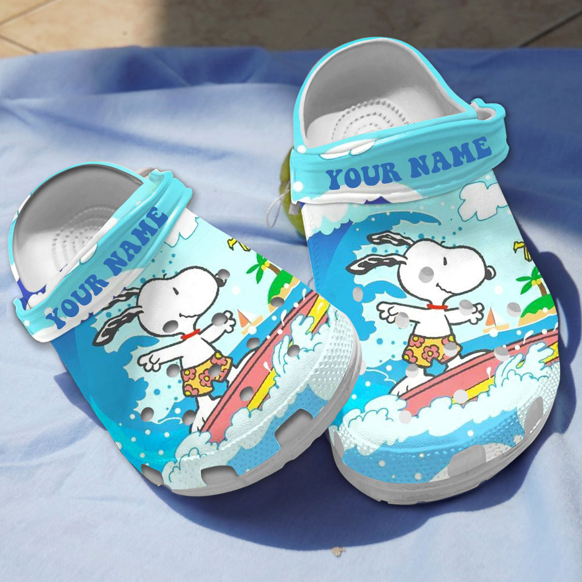 Snoopy Surfing Time Blue Clogs Crocs Comfortable For Men Women and Kids