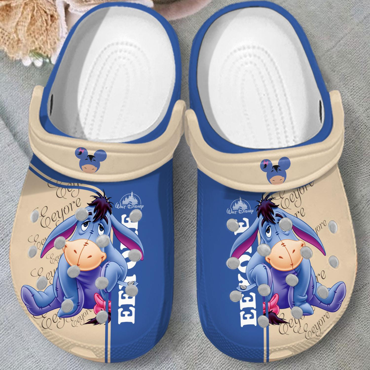 Winnie The Pooh Cute Worry Eeyore Blue And Beige Clogs Crocs Comfortable For Men Women and Kids