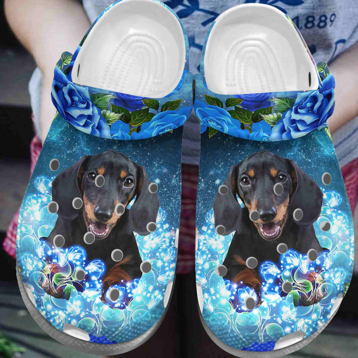 Cute Dachshund With Blue Roses Flowers Crocs, Crocs Shoes Comfortable For Men Women and Kids