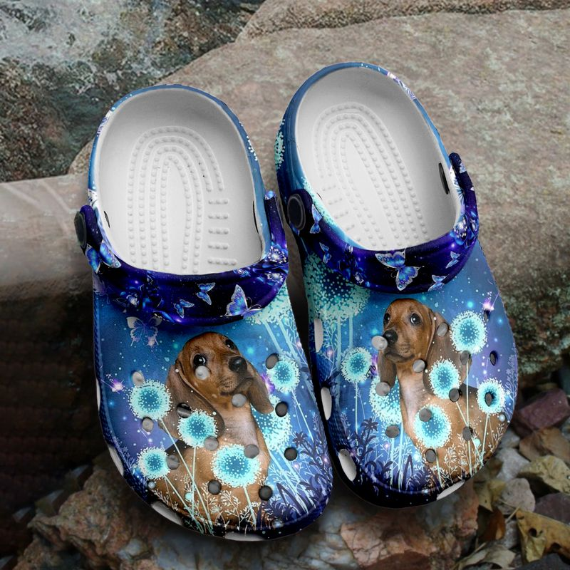 Cute Baby Dachshund Lighting Blue Flowers Crocs, Crocs Shoes Comfortable For Men Women and Kids