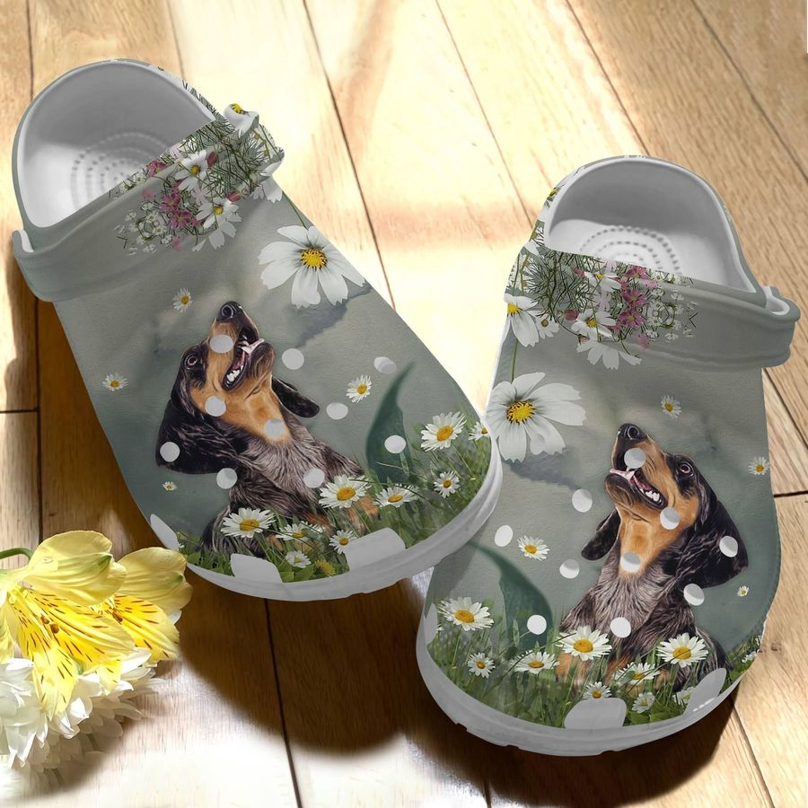 Dachshund With Beautiful Daisy Flowers Crocs, Crocs Shoes Comfortable For Men Women and Kids