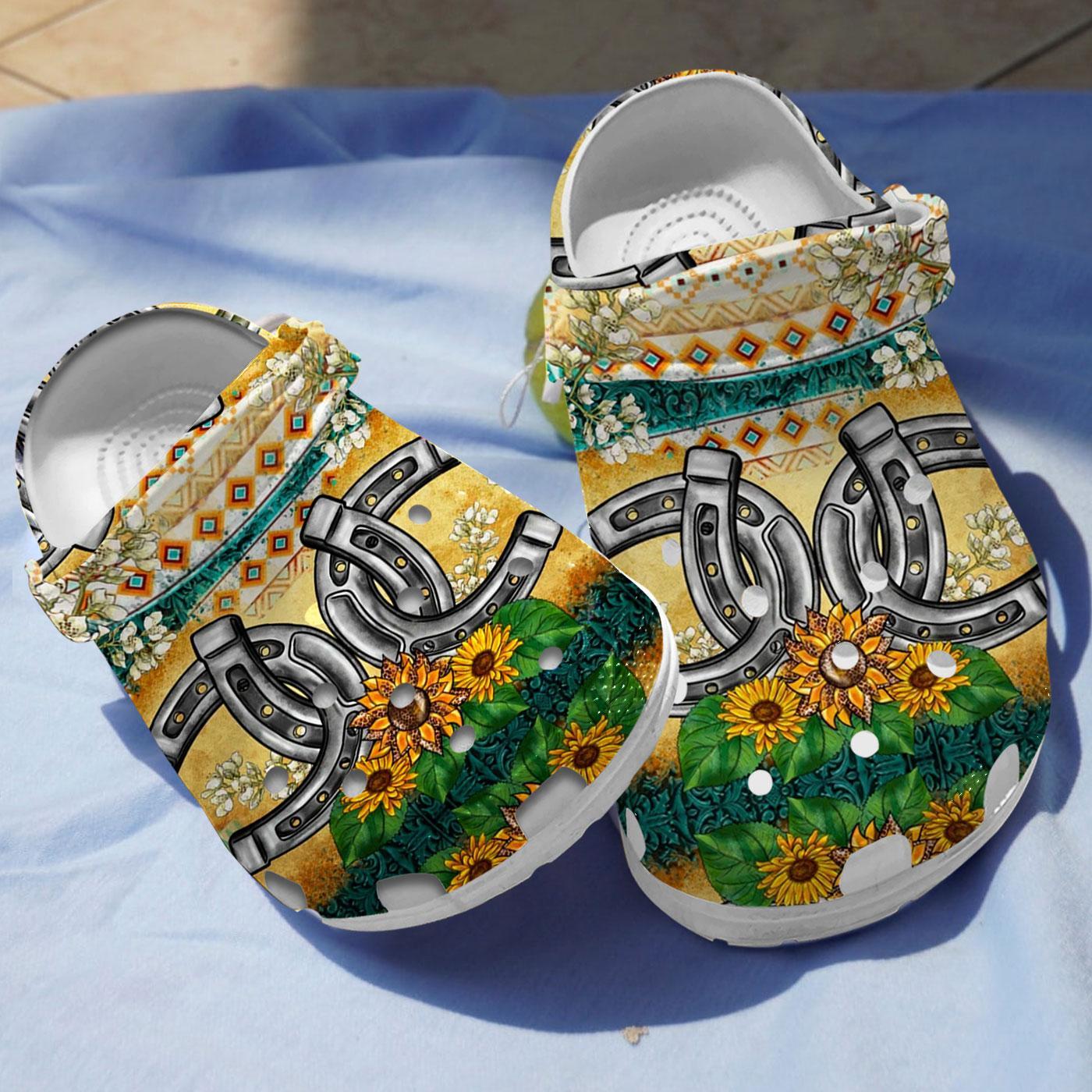 Western Horseshoe Sunflowers Crocs, Crocs Shoes Comfortable For Men Women and Kids