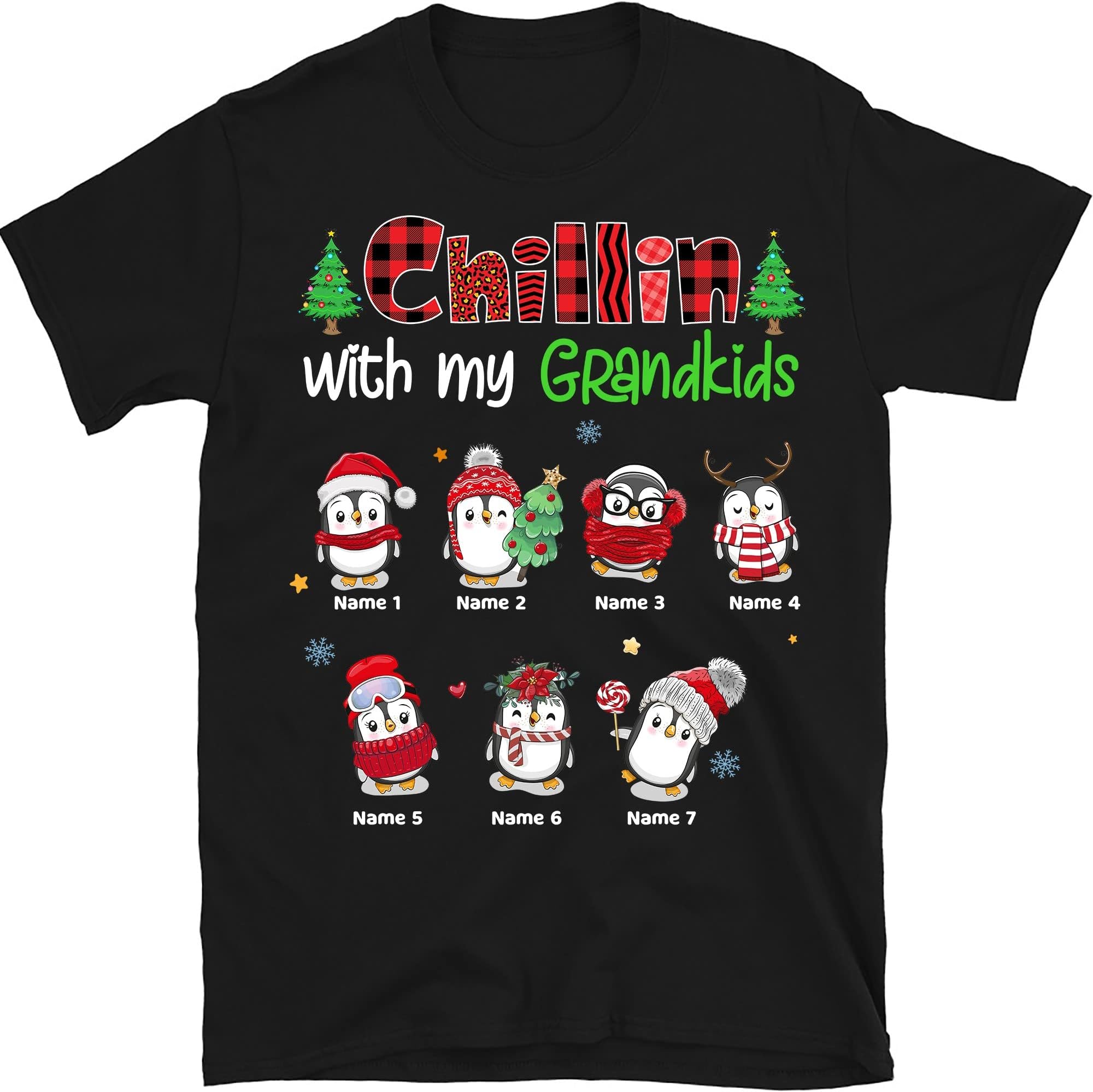 Grandma with Grandkids Name Christmas Personalized T Shirt, Chillin with My Grandkids Penguin Shirt, Custom Christmas Nana Shirt, Christmas Grandma Mom Shirt, Cute Penguin Christmas Women Men Tee