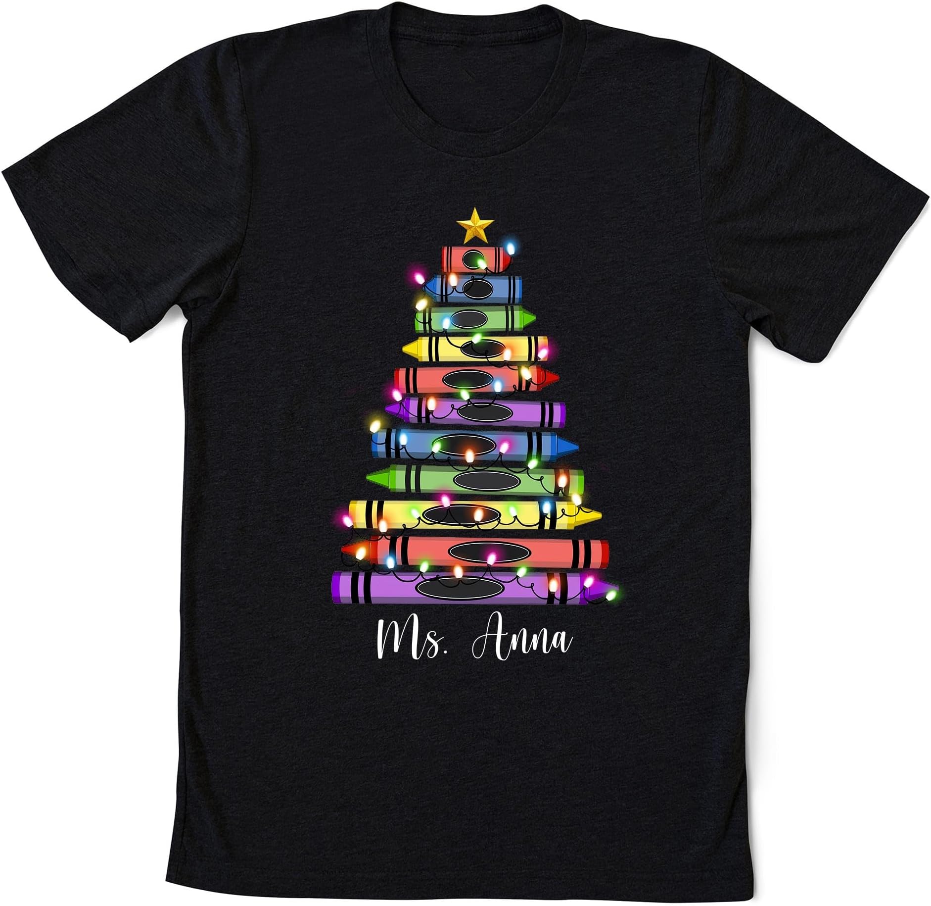 Personalized Teacher Crayon Christmas Tree Lights Shirt, Christmas Custom Name Teacher Student Shirt, Teaching