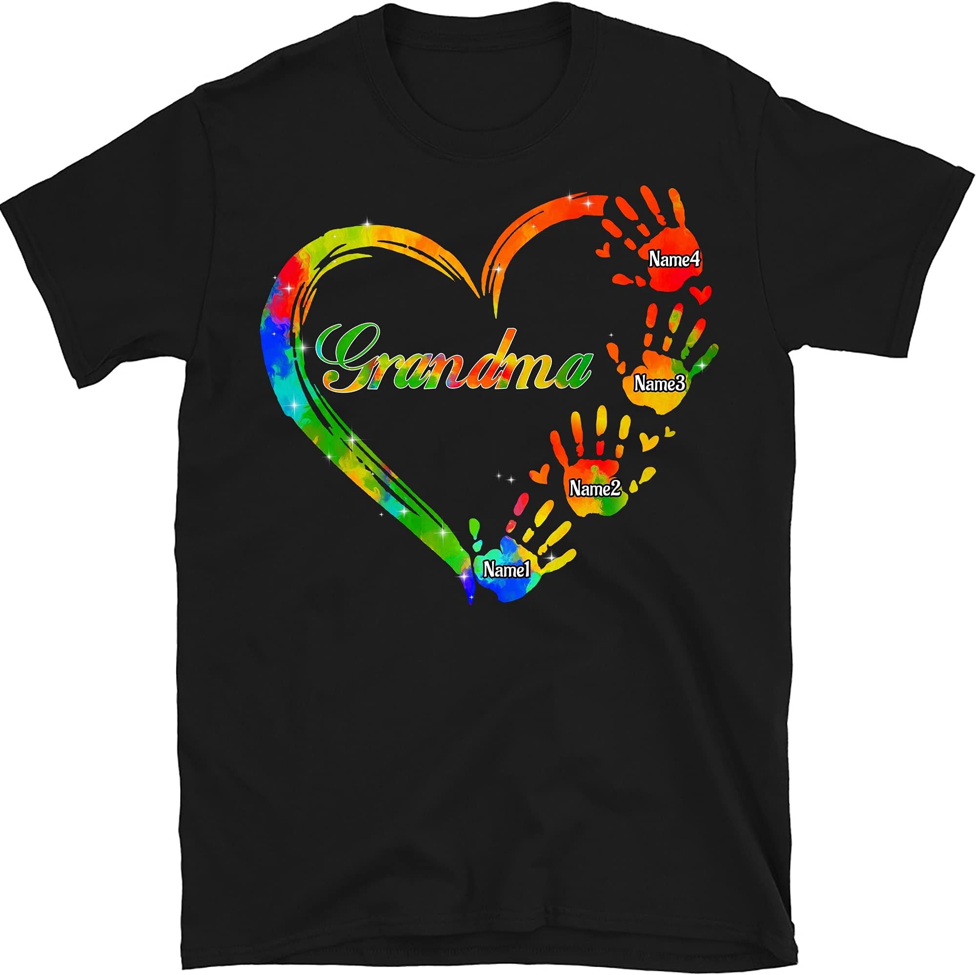 Personalized Grandchildren Grandma Mom Shirt, Grandma Heart Handprint Customize Shirt, Custom Kids Name Shirt, Gifts for Nana Grandpa Dad Multicolored