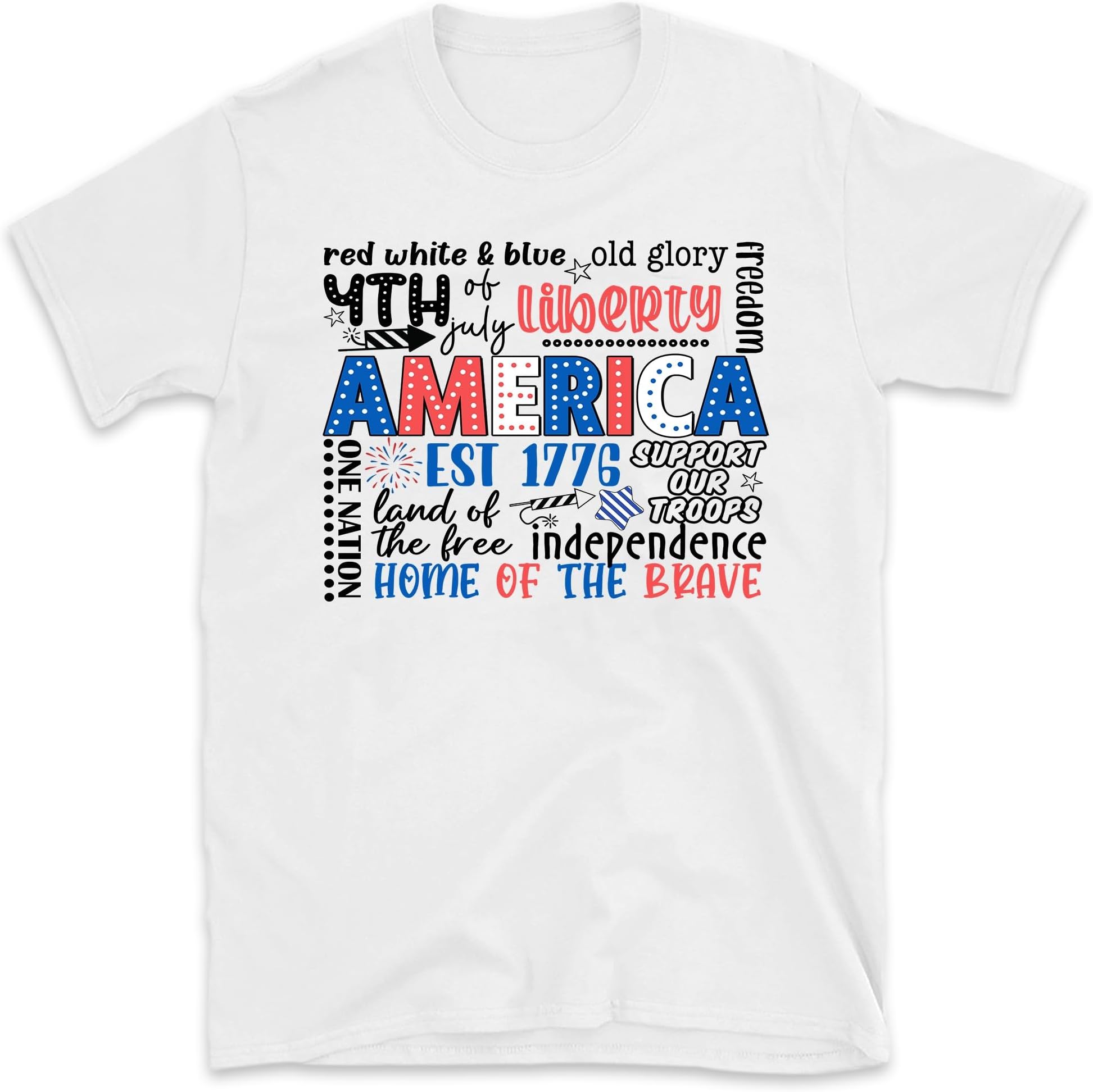 America Words Colorful Shirt, Retro America Shirt, 4th of July Independence Day Gift, 1776 USA Flag, Patriotic USA Gift, Memorial Day Shirt, Red White and Blue, Small